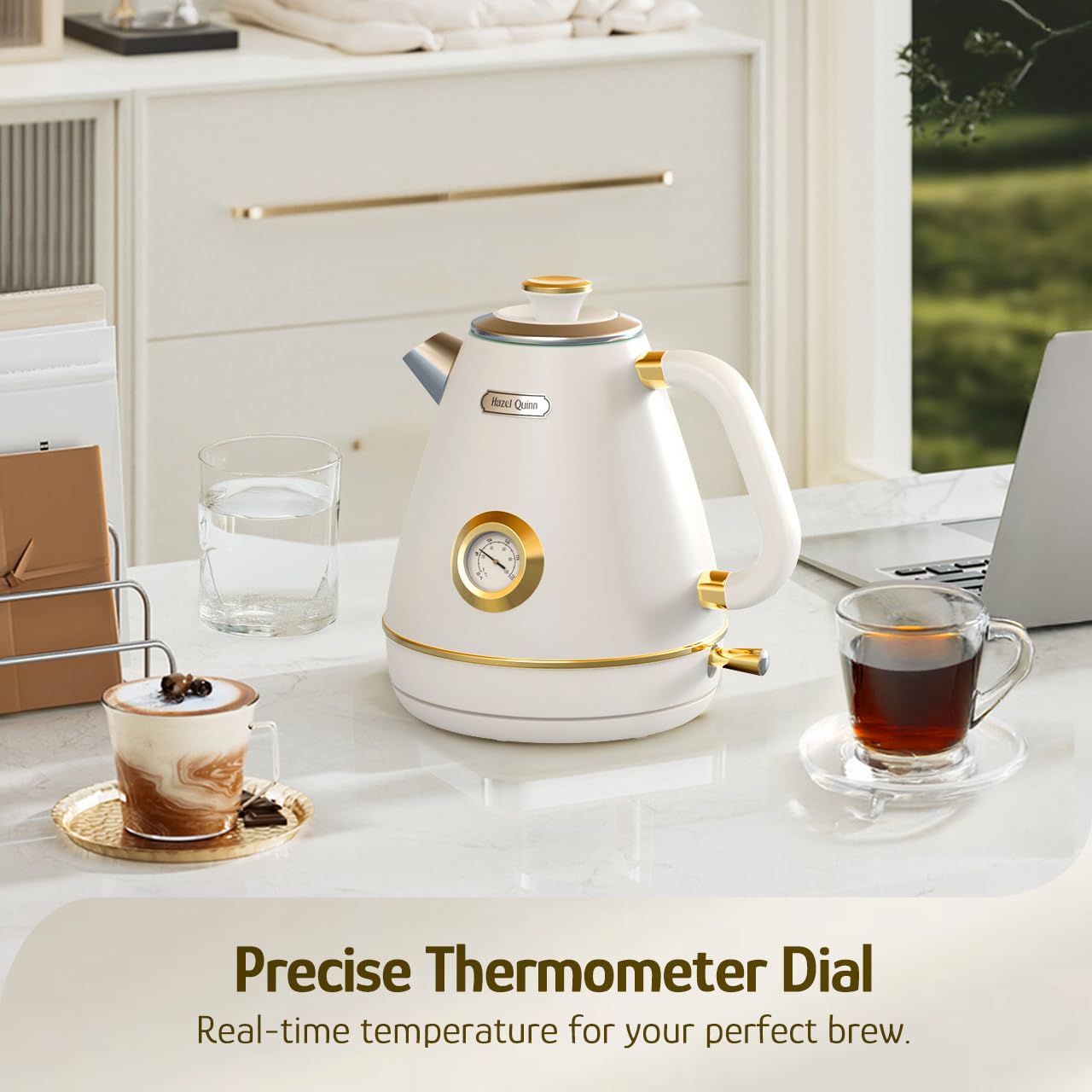 Hazel Quinn Retro 1.7L Electric Kettle with Thermometer, Pearl White NEW