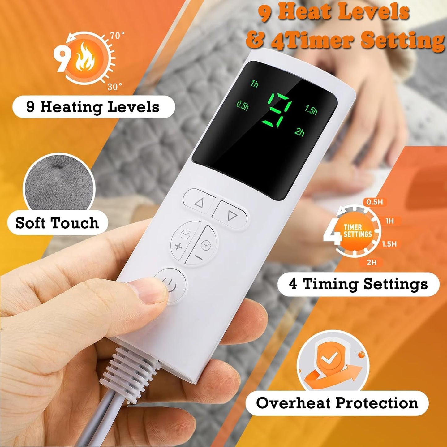 wakouter Electric Heating Pad with 4 Timer Settings and 9 Temperature Levels NEW