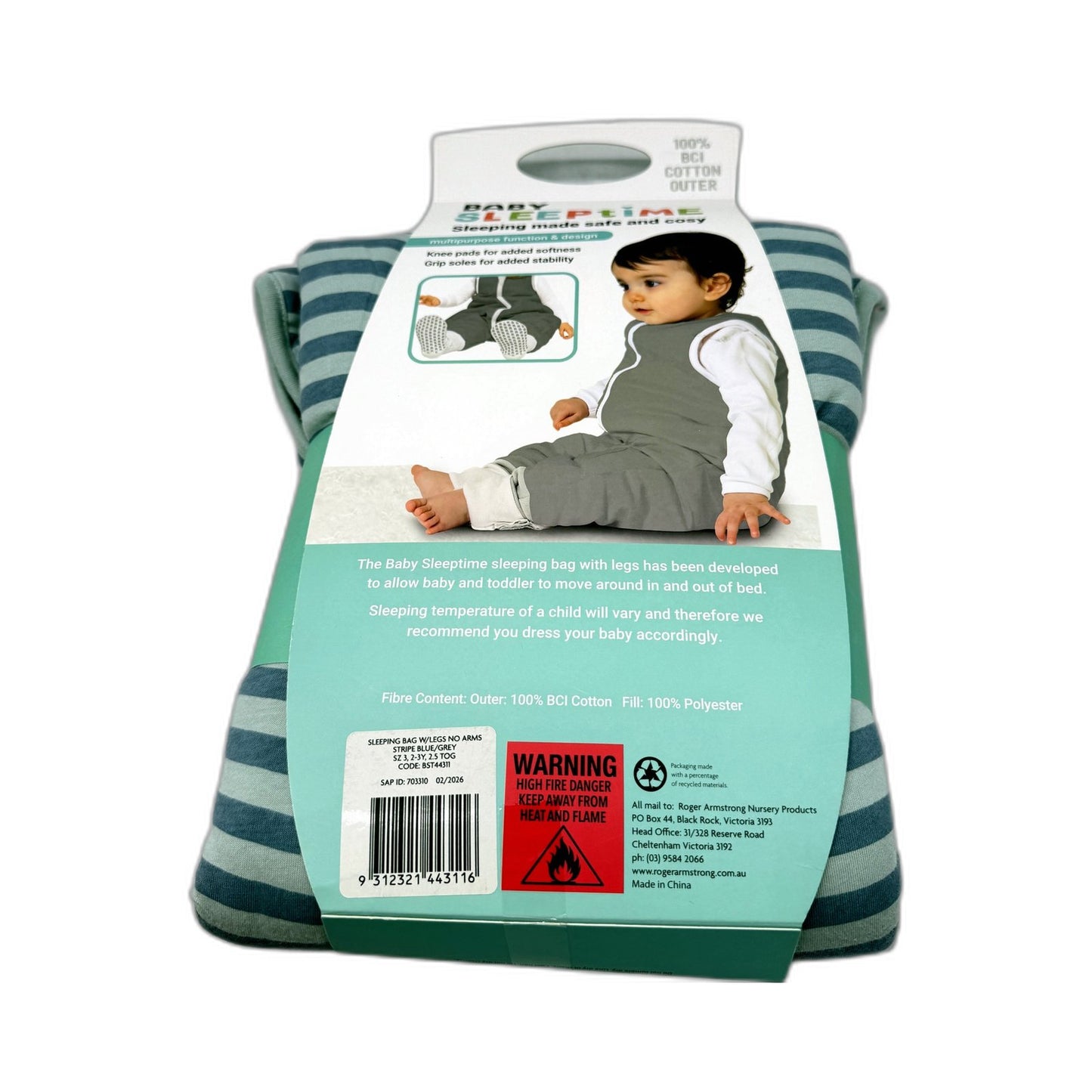 Baby Sleeptime Striped Green Cotton Sleeping Bag Without Arms 2-3Yrs Size 3 NEW