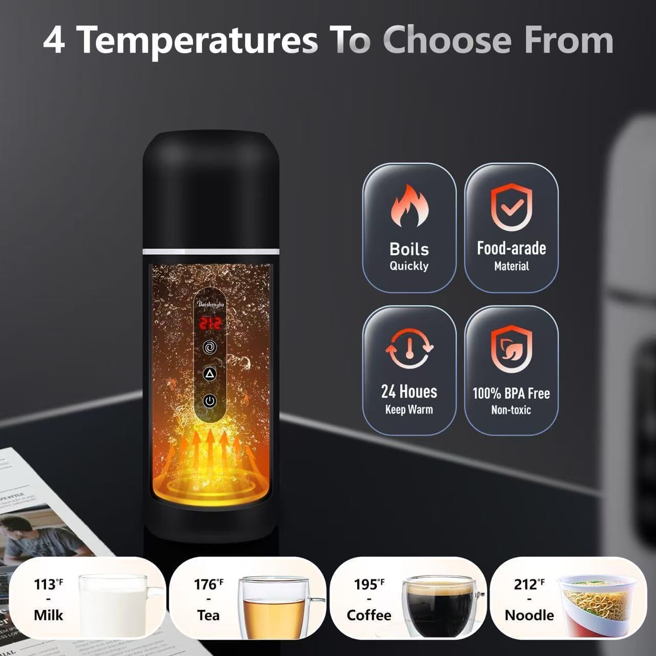 HaaLii-FY 420ML Electric Travel Water Boiler with Stirring, Black Portable DEMO