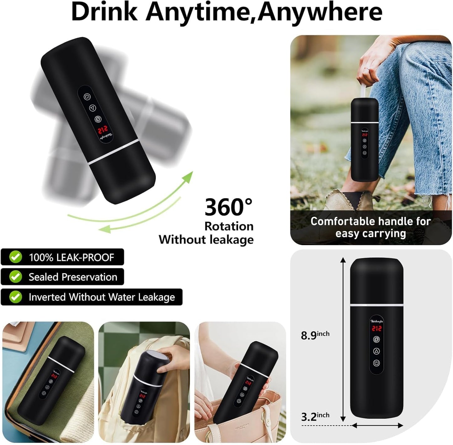 HaaLii-FY 420ML Electric Travel Water Boiler with Stirring, Black Portable DEMO
