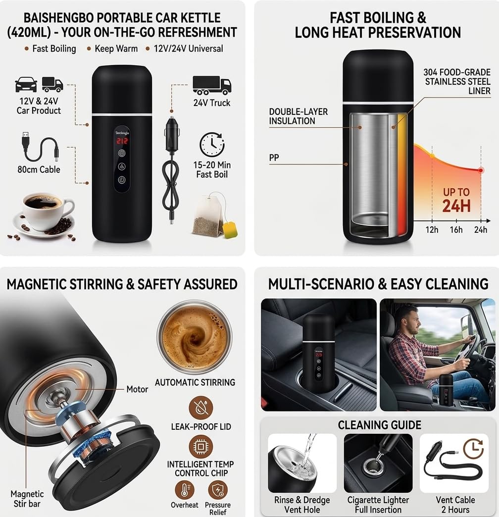 HaaLii-FY 420ML Electric Travel Water Boiler with Stirring, Black Portable DEMO
