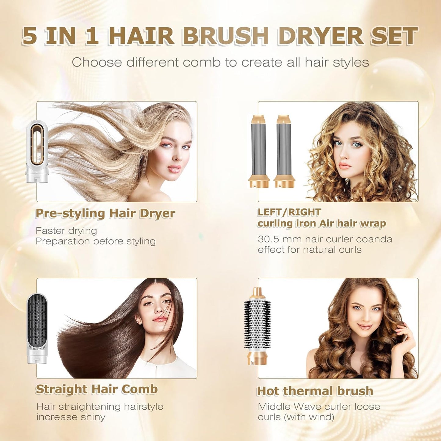 Tamefox 5-in-1 Hair Dryer Brush Set Premium White Gold Multifunctional DEMO