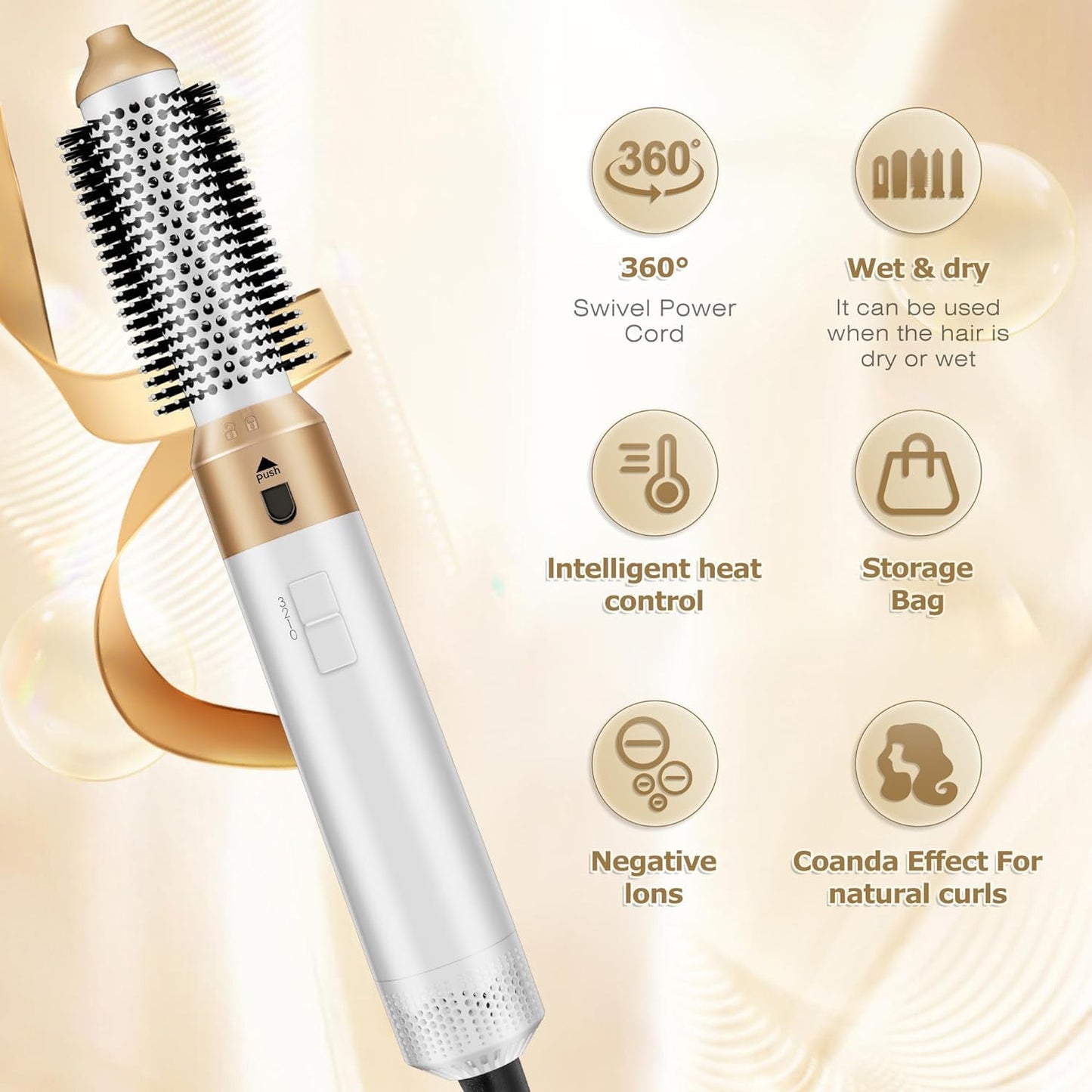 Tamefox 5-in-1 Hair Dryer Brush Set Premium White Gold Multifunctional DEMO