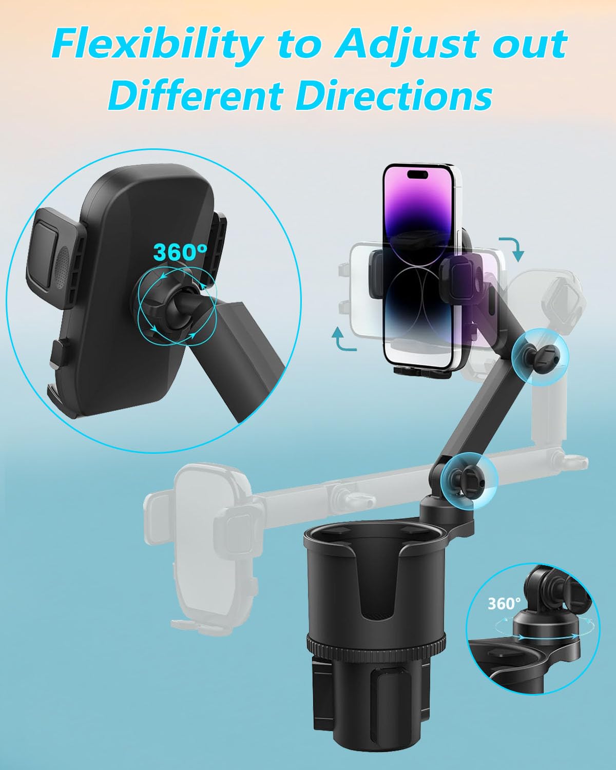 Easkkty 360° Adjustable Car Phone Mount Holder for Drinks Cups in Black NEW