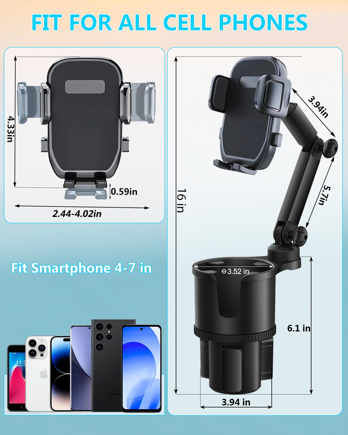 Easkkty 360° Adjustable Car Phone Mount Holder for Drinks Cups in Black NEW