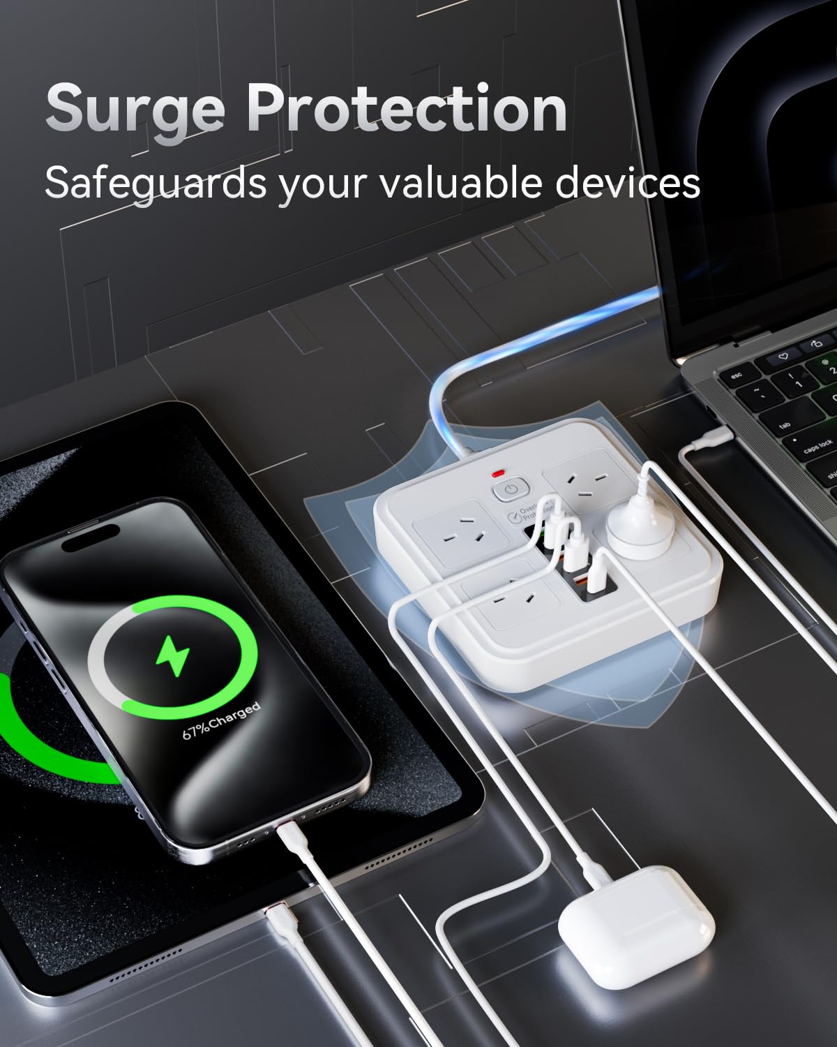 AUSELECT 10-in-1 Power Strip Surge Protector USB-C Charging Ports White NEW