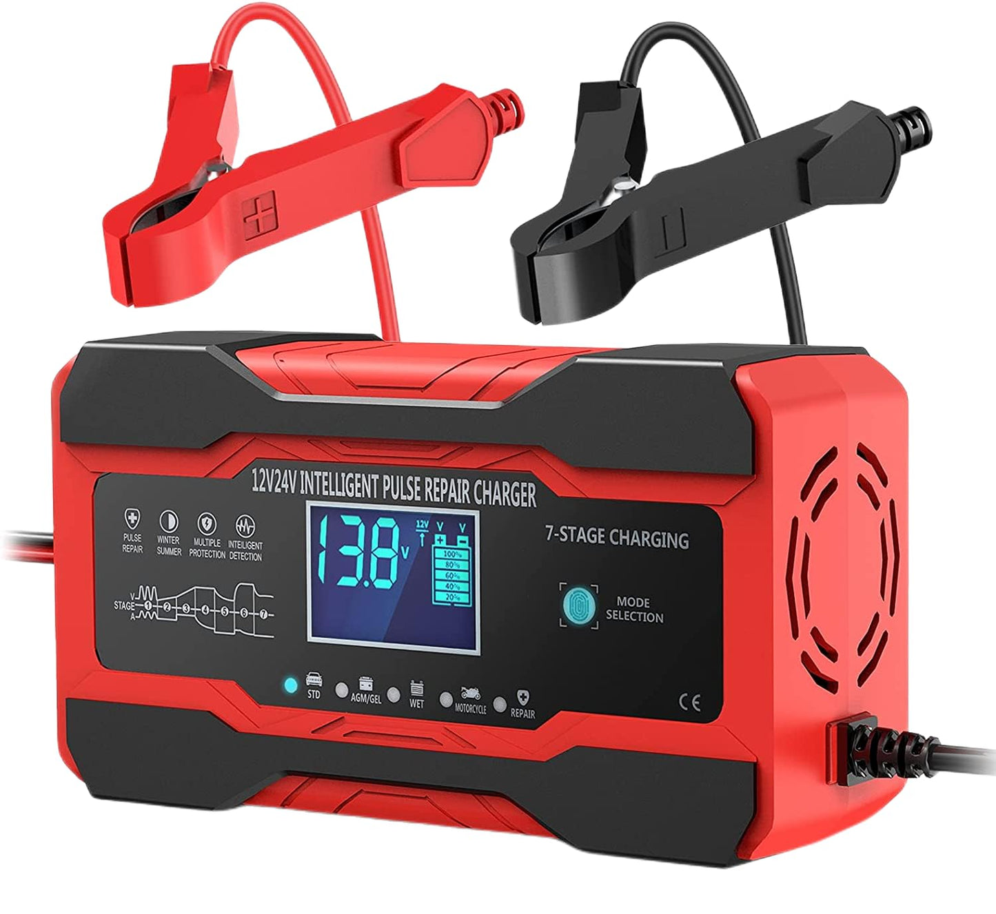 AILRINNI 10-Amp Smart Car Battery Charger, 12V 24V Trickle Charge, Red DEMO
