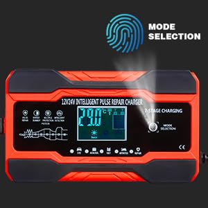 AILRINNI 10-Amp Smart Car Battery Charger, 12V 24V Trickle Charge, Red DEMO