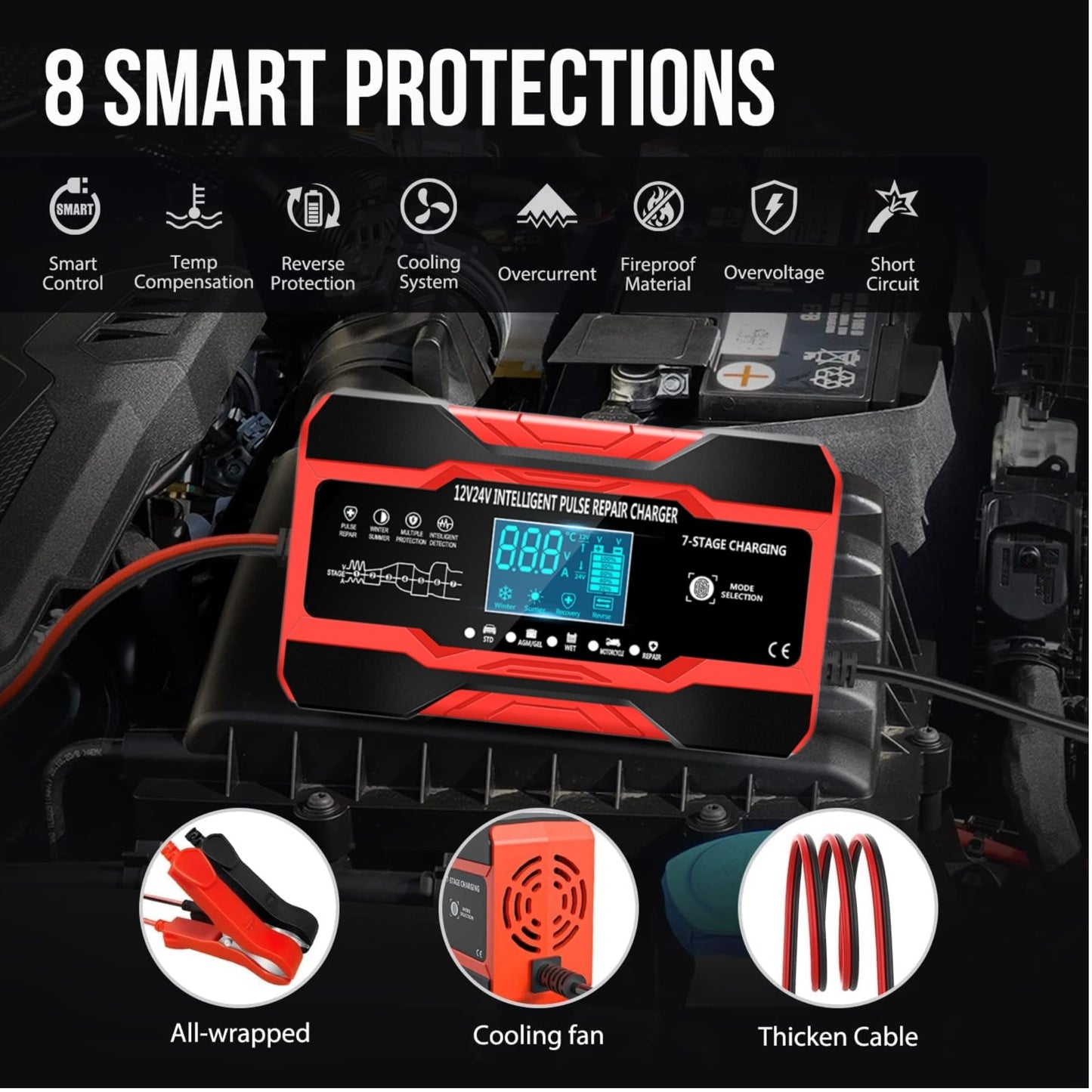 AILRINNI 10-Amp Smart Car Battery Charger, 12V 24V Trickle Charge, Red DEMO