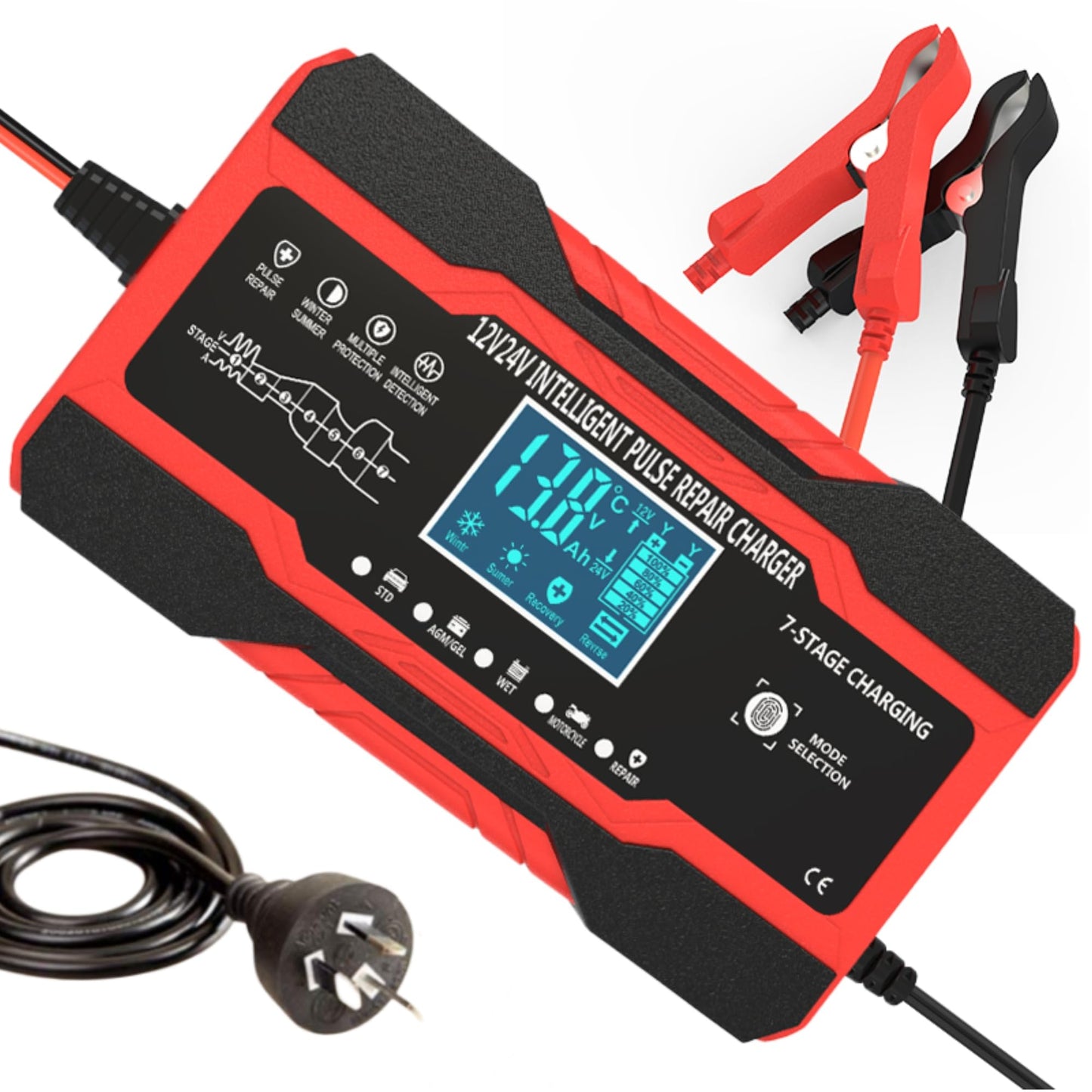 AILRINNI 10-Amp Smart Car Battery Charger, 12V 24V Trickle Charge, Red DEMO