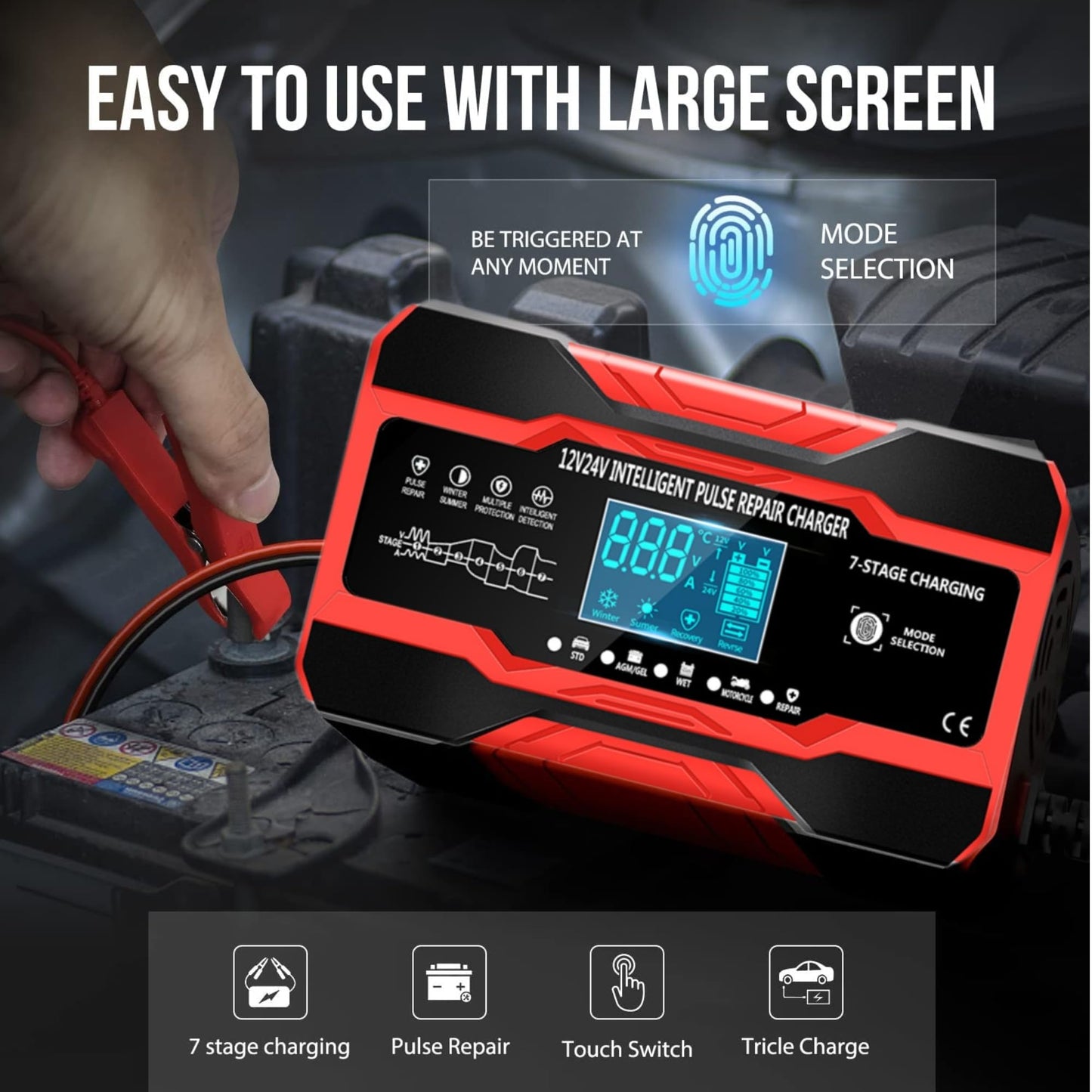 AILRINNI 10-Amp Smart Car Battery Charger, 12V 24V Trickle Charge, Red DEMO