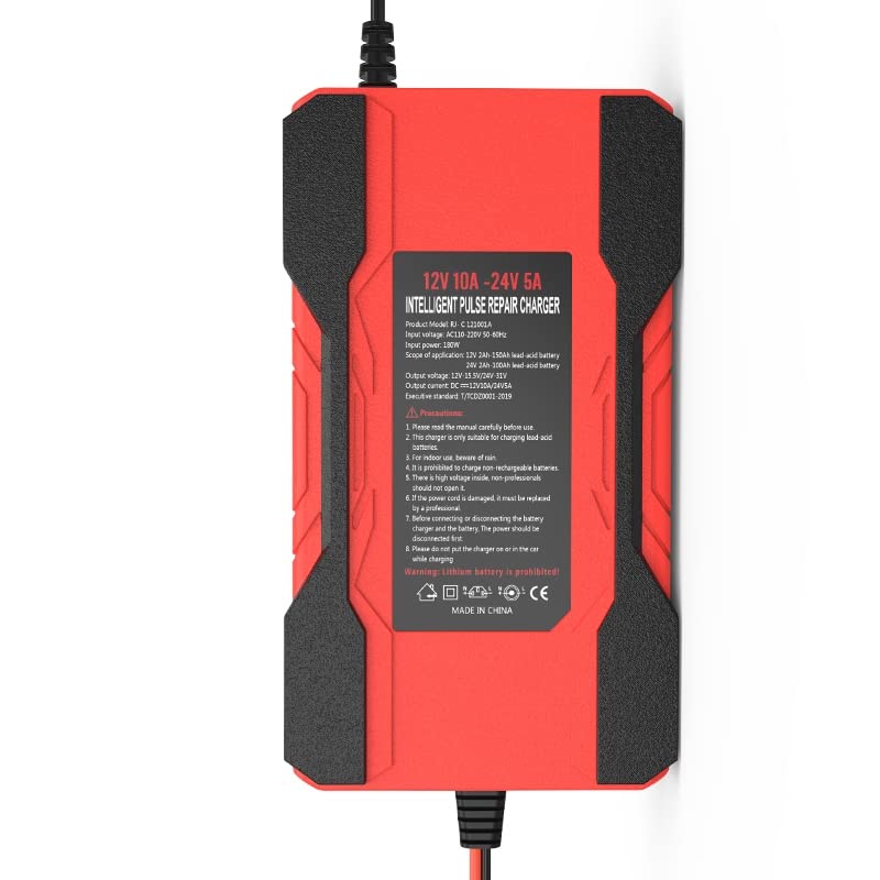 AILRINNI 10-Amp Smart Car Battery Charger, 12V 24V Trickle Charge, Red DEMO
