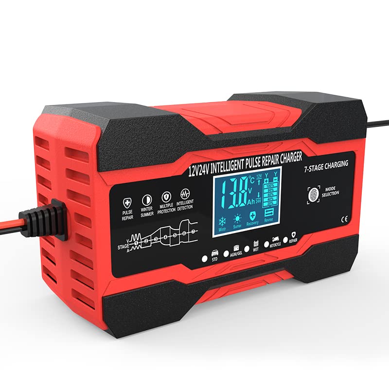 AILRINNI 10-Amp Smart Car Battery Charger, 12V 24V Trickle Charge, Red DEMO