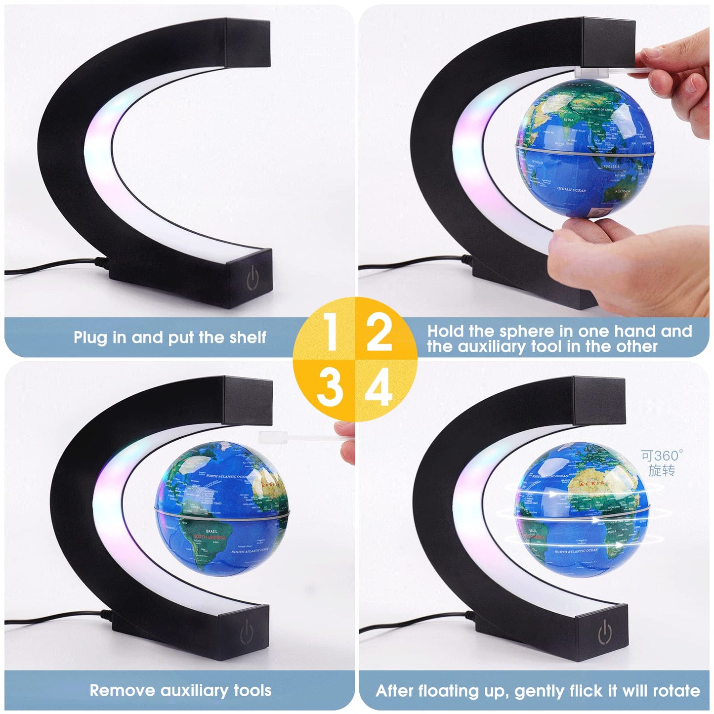 ERRKEWEND Floating Globes Globe with Touch Switches LED Light Blue NEW