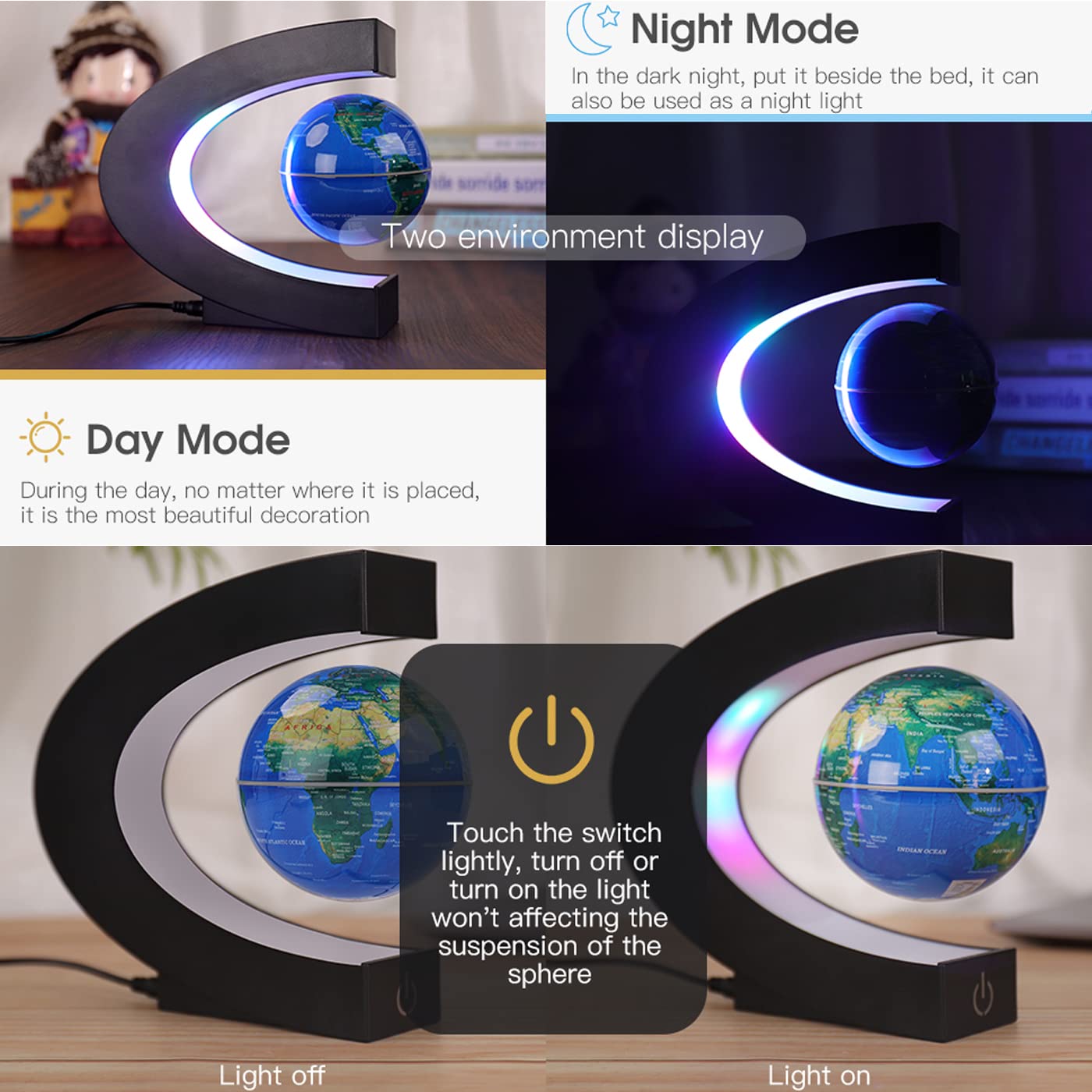 ERRKEWEND Floating Globes Globe with Touch Switches LED Light Blue NEW