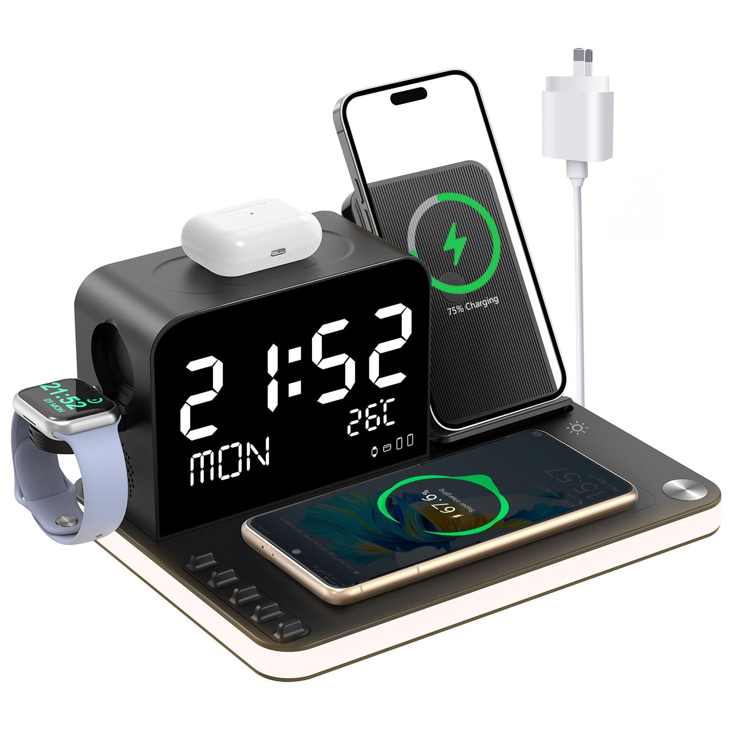 soyes 7-in-1 Induction Chargers Wireless Charging Station with Clock, DEMO