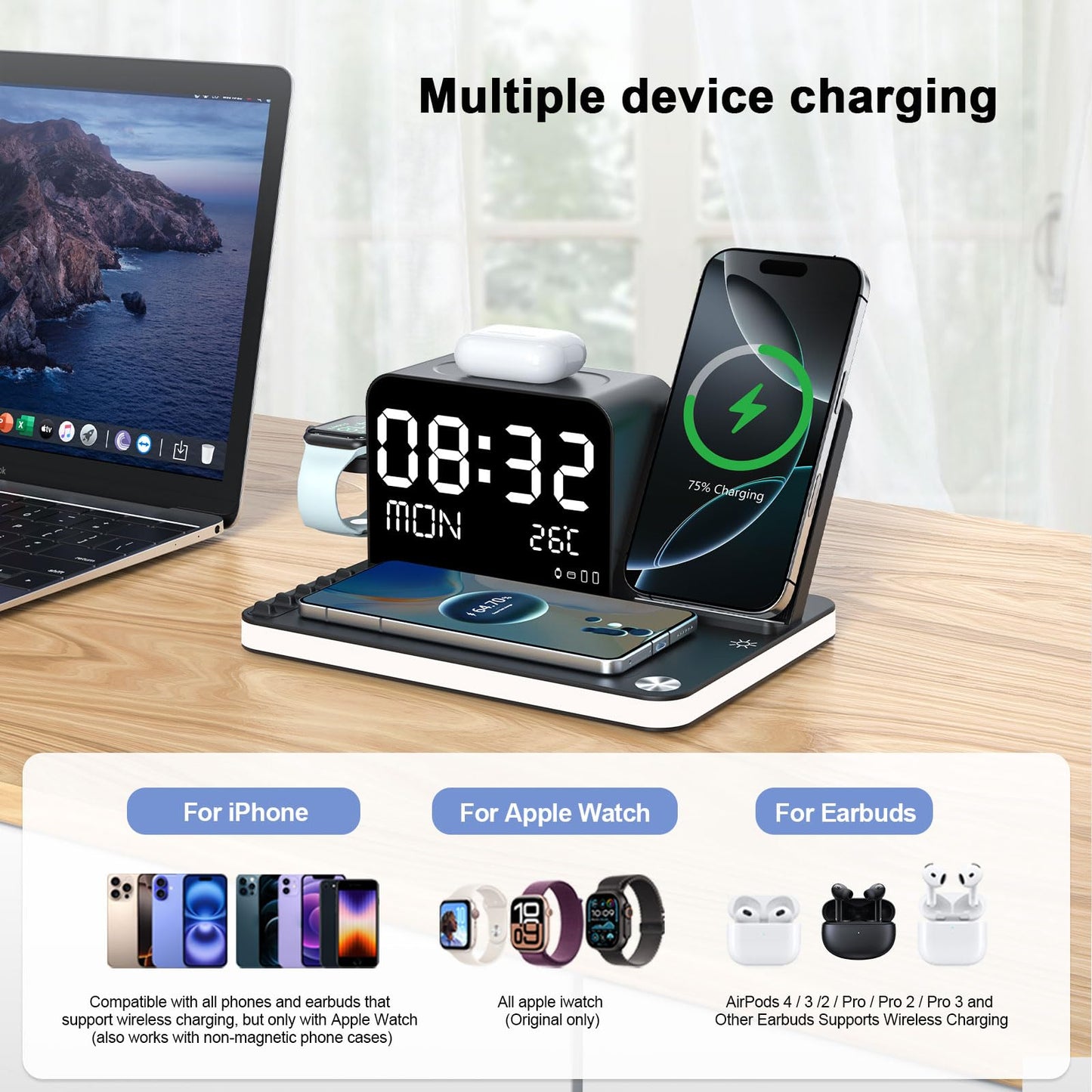 soyes 7-in-1 Induction Chargers Wireless Charging Station with Clock, DEMO