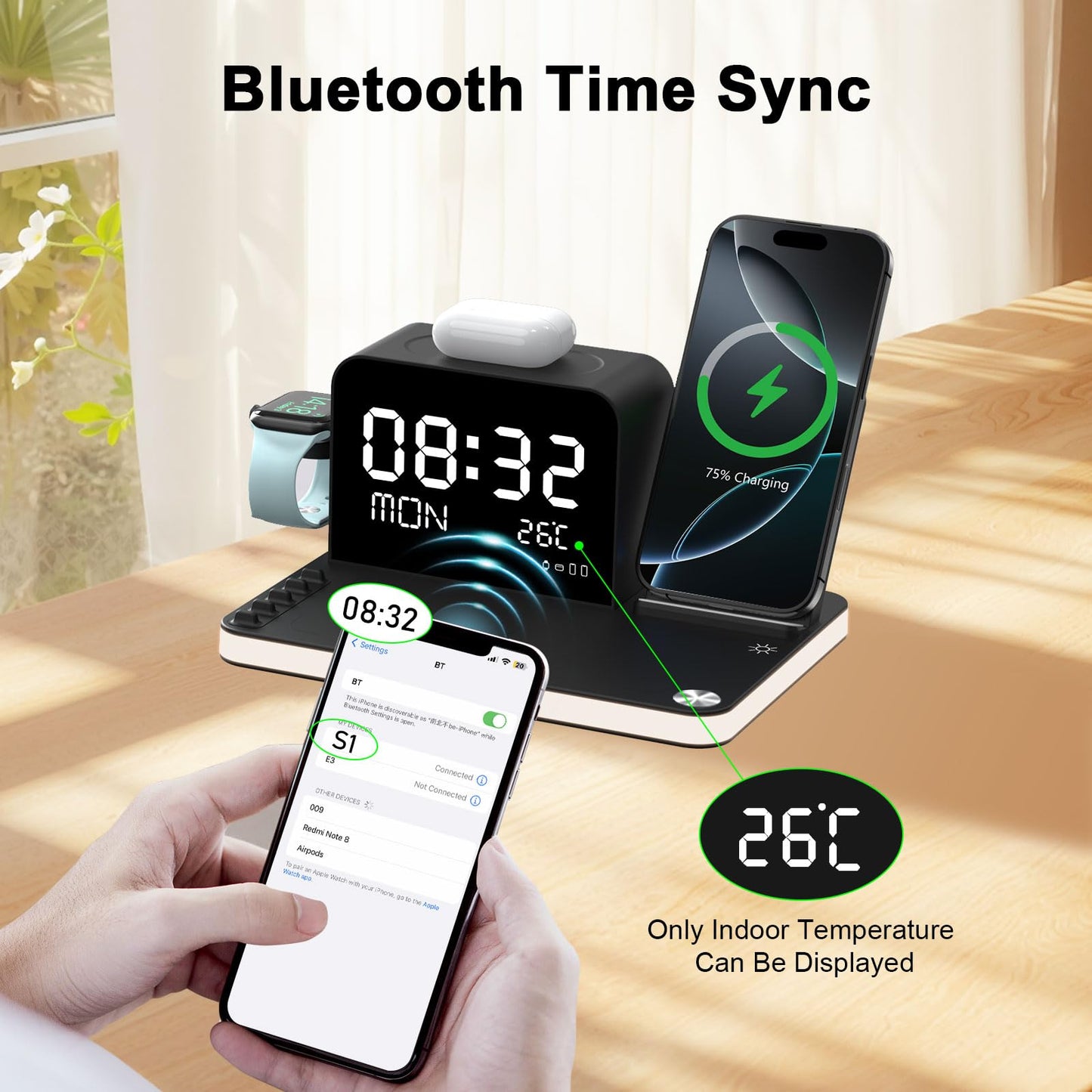 soyes 7-in-1 Induction Chargers Wireless Charging Station with Clock, DEMO