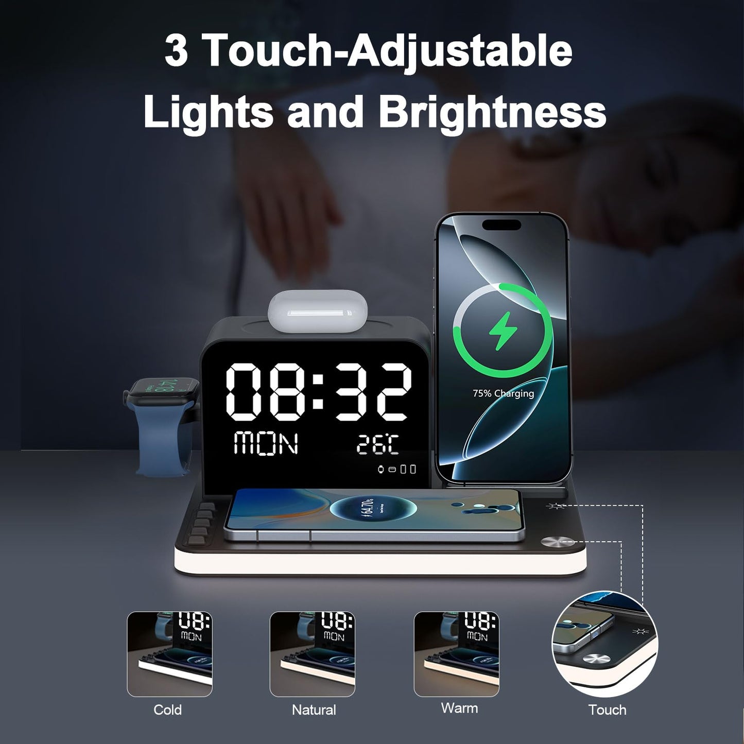 soyes 7-in-1 Induction Chargers Wireless Charging Station with Clock, DEMO