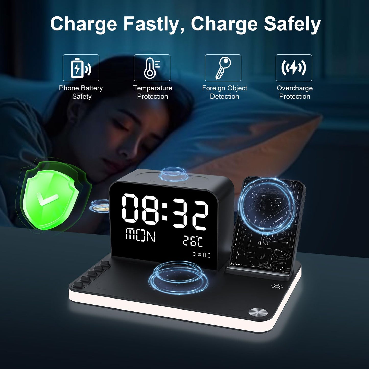 soyes 7-in-1 Induction Chargers Wireless Charging Station with Clock, DEMO