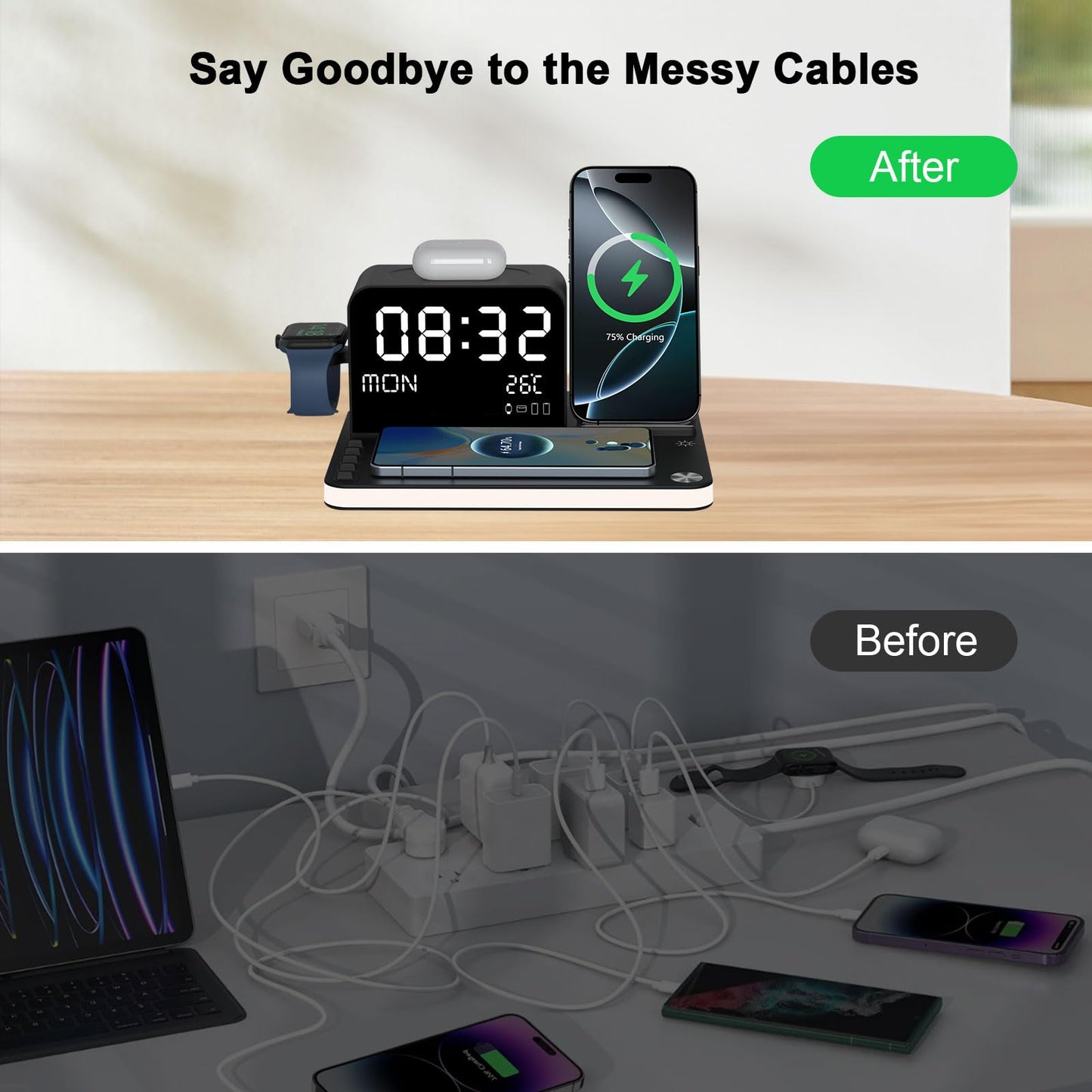 soyes 7-in-1 Induction Chargers Wireless Charging Station with Clock, DEMO