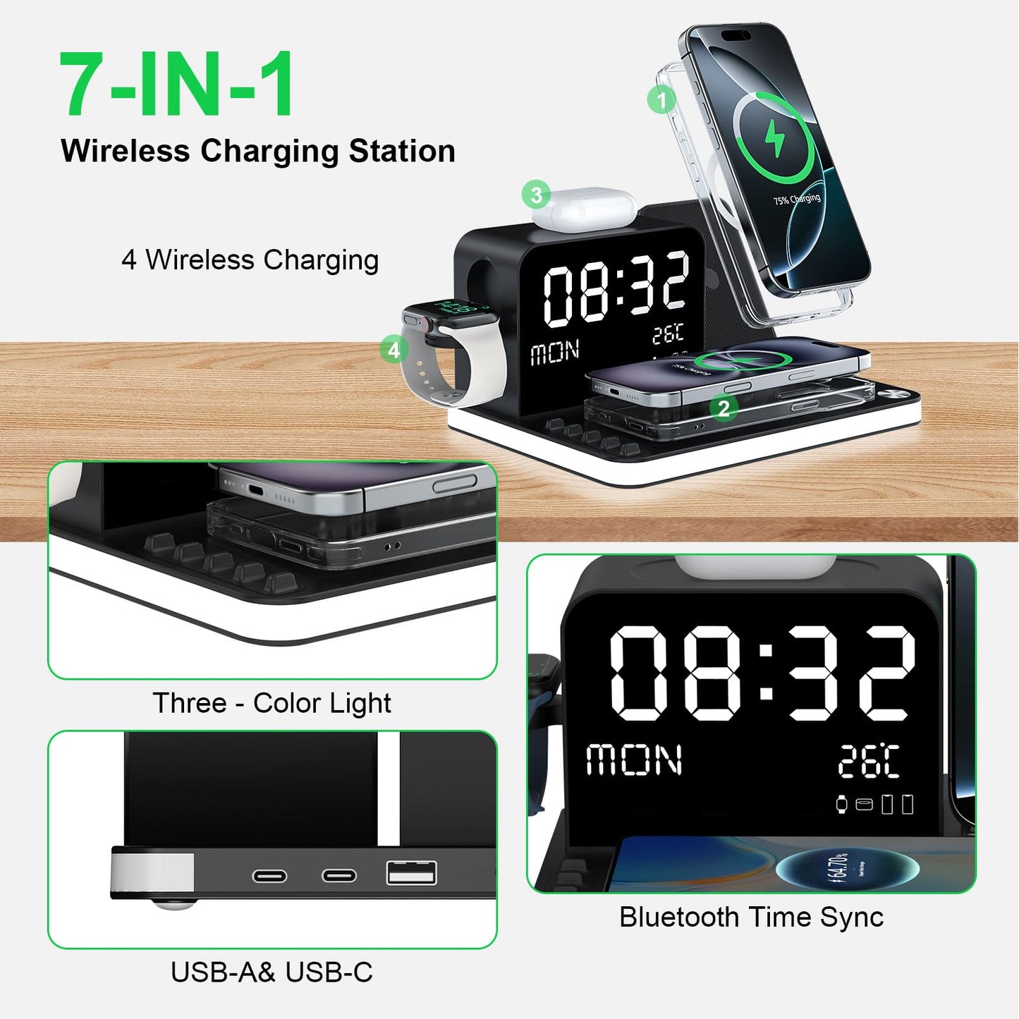 soyes 7-in-1 Induction Chargers Wireless Charging Station with Clock, DEMO