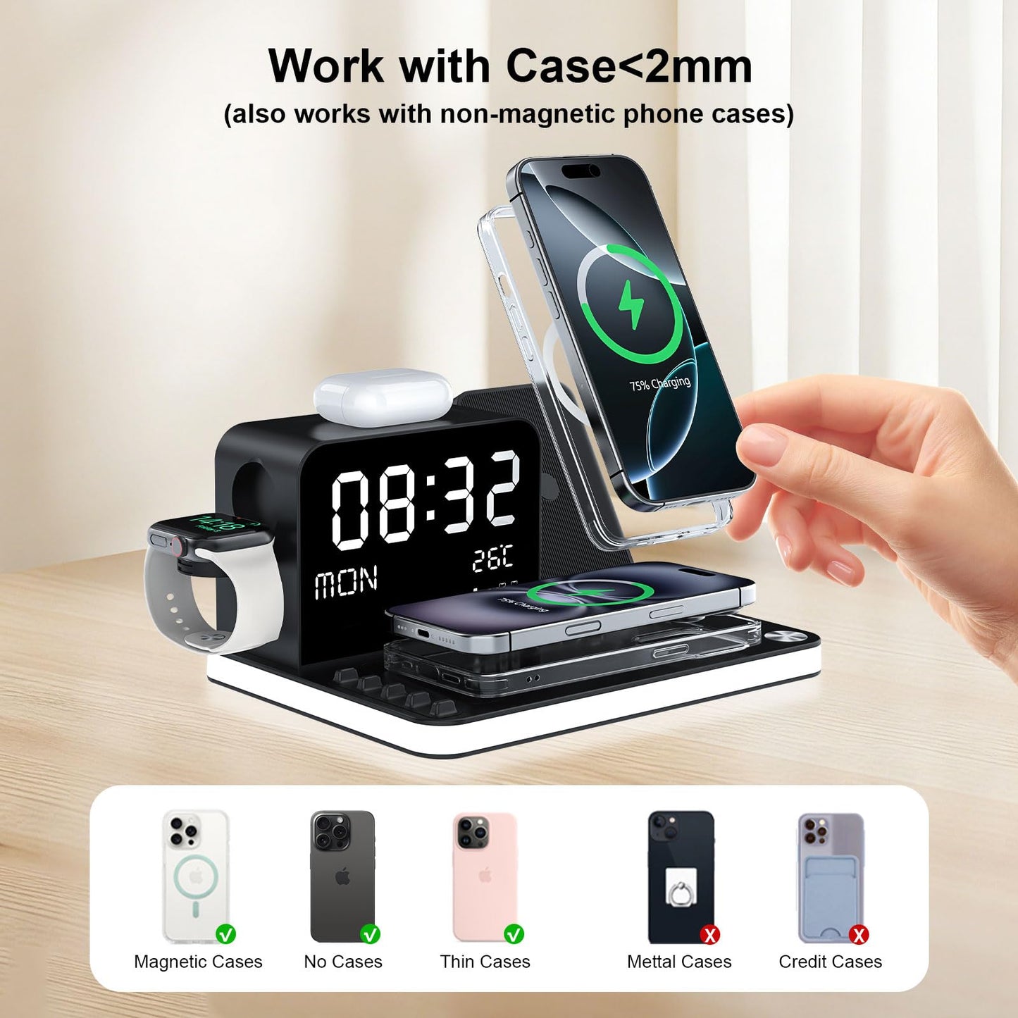soyes 7-in-1 Induction Chargers Wireless Charging Station with Clock, DEMO