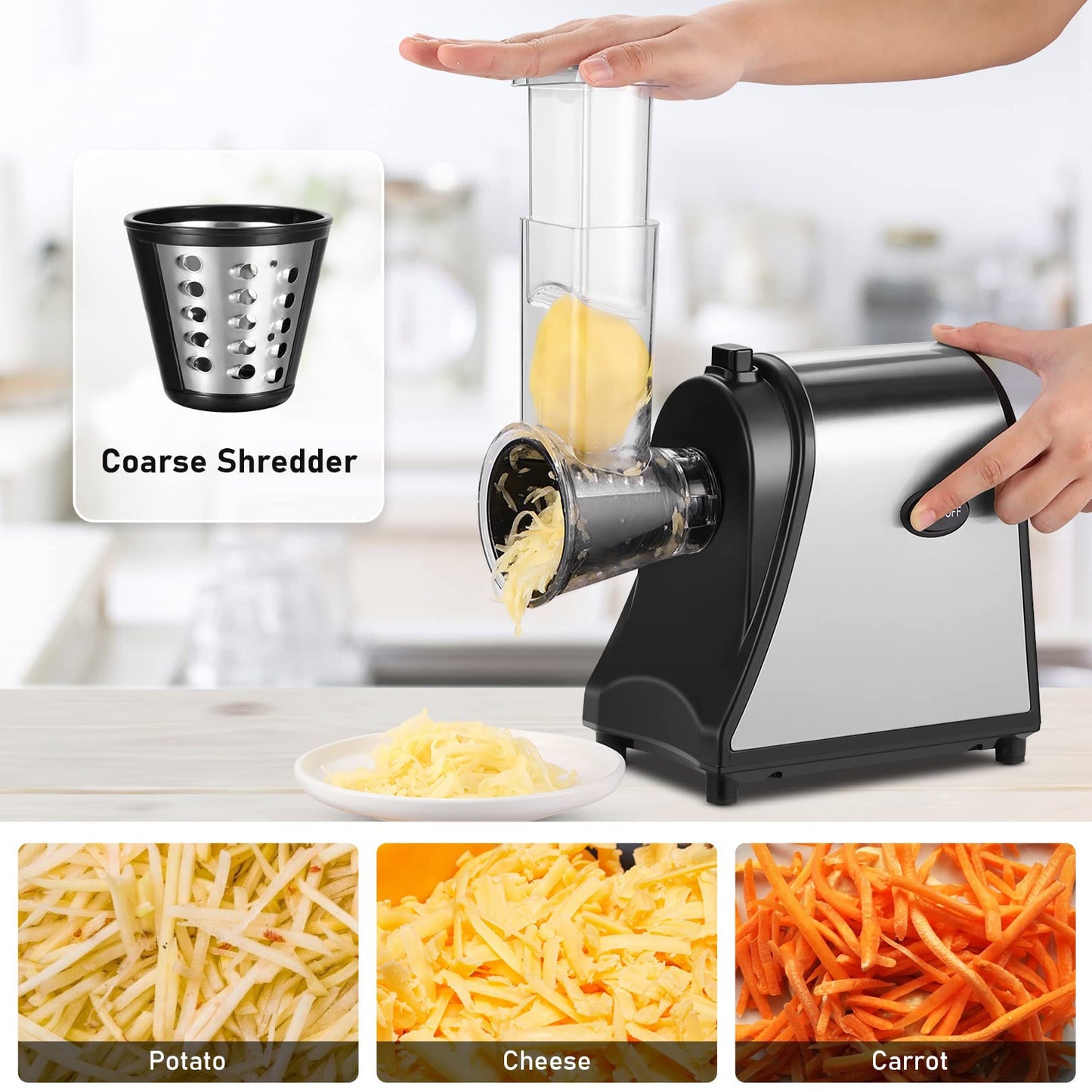 Dysokan 250W Graters 5-in-1 Professional Electric Cheese Grater and Slicer, NEW