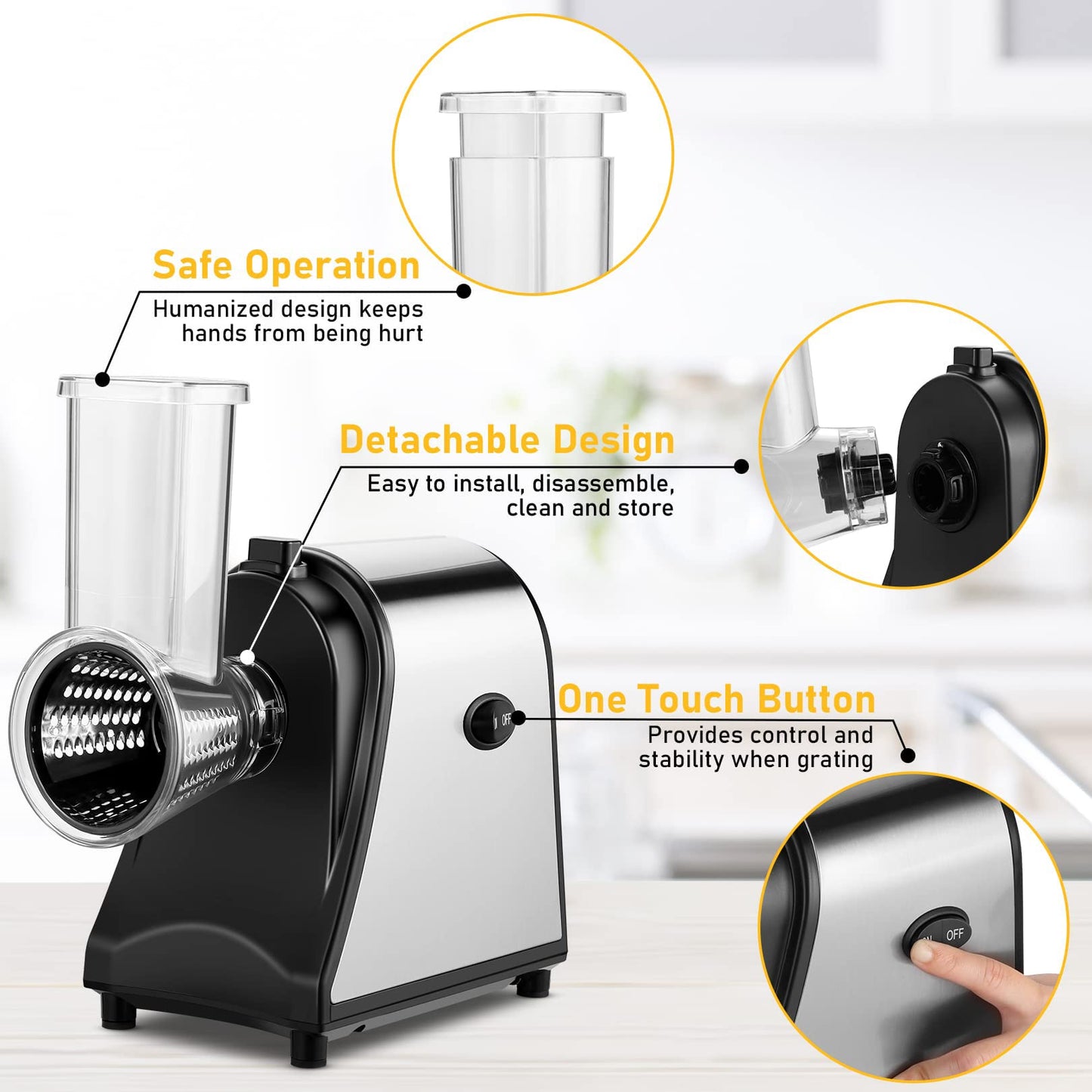 Dysokan 250W Graters 5-in-1 Professional Electric Cheese Grater and Slicer, NEW
