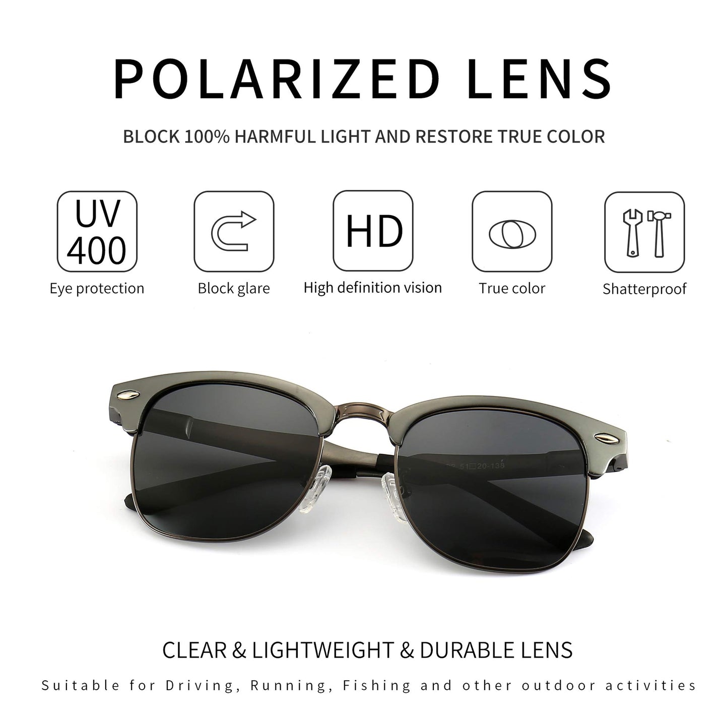 SUNGAIT Retro Semi Rimless Clubmaster Sunglasses for Women and Men in Grey NEW