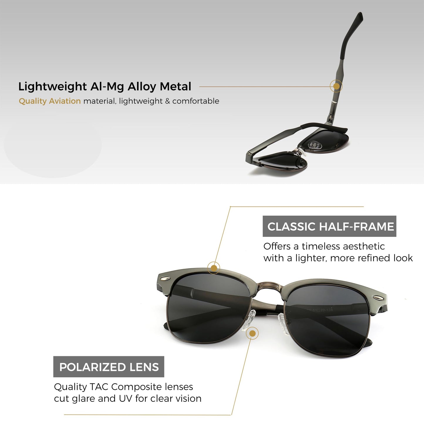 SUNGAIT Retro Semi Rimless Clubmaster Sunglasses for Women and Men in Grey NEW