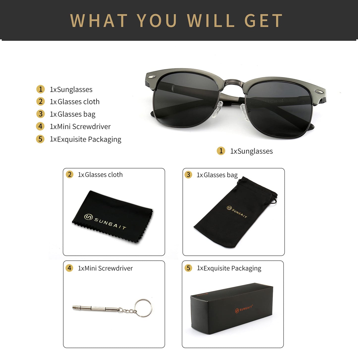 SUNGAIT Retro Semi Rimless Clubmaster Sunglasses for Women and Men in Grey NEW