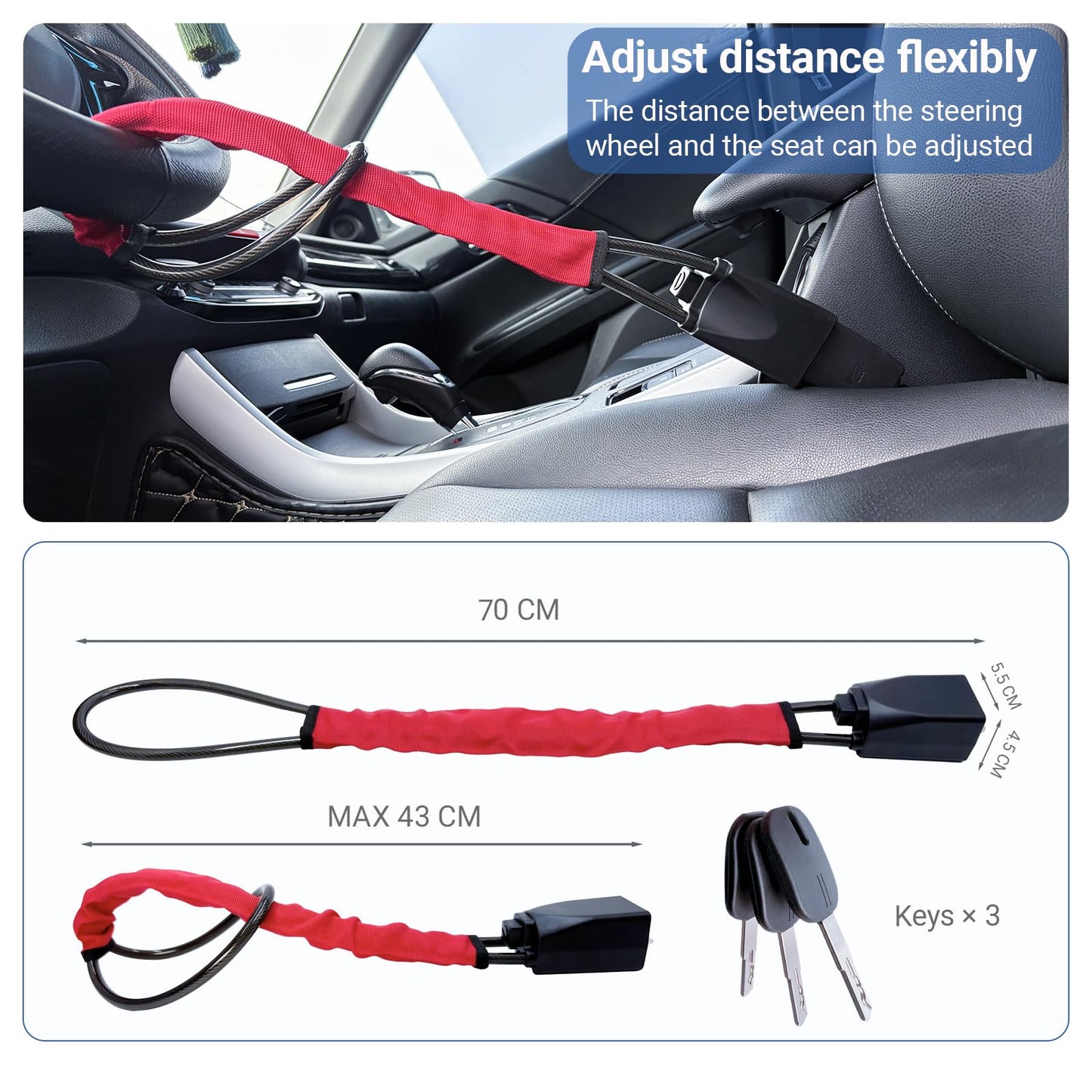 Anowker Universal Locking Devices Anti-Theft Steering Wheel Lock Club Red NEW