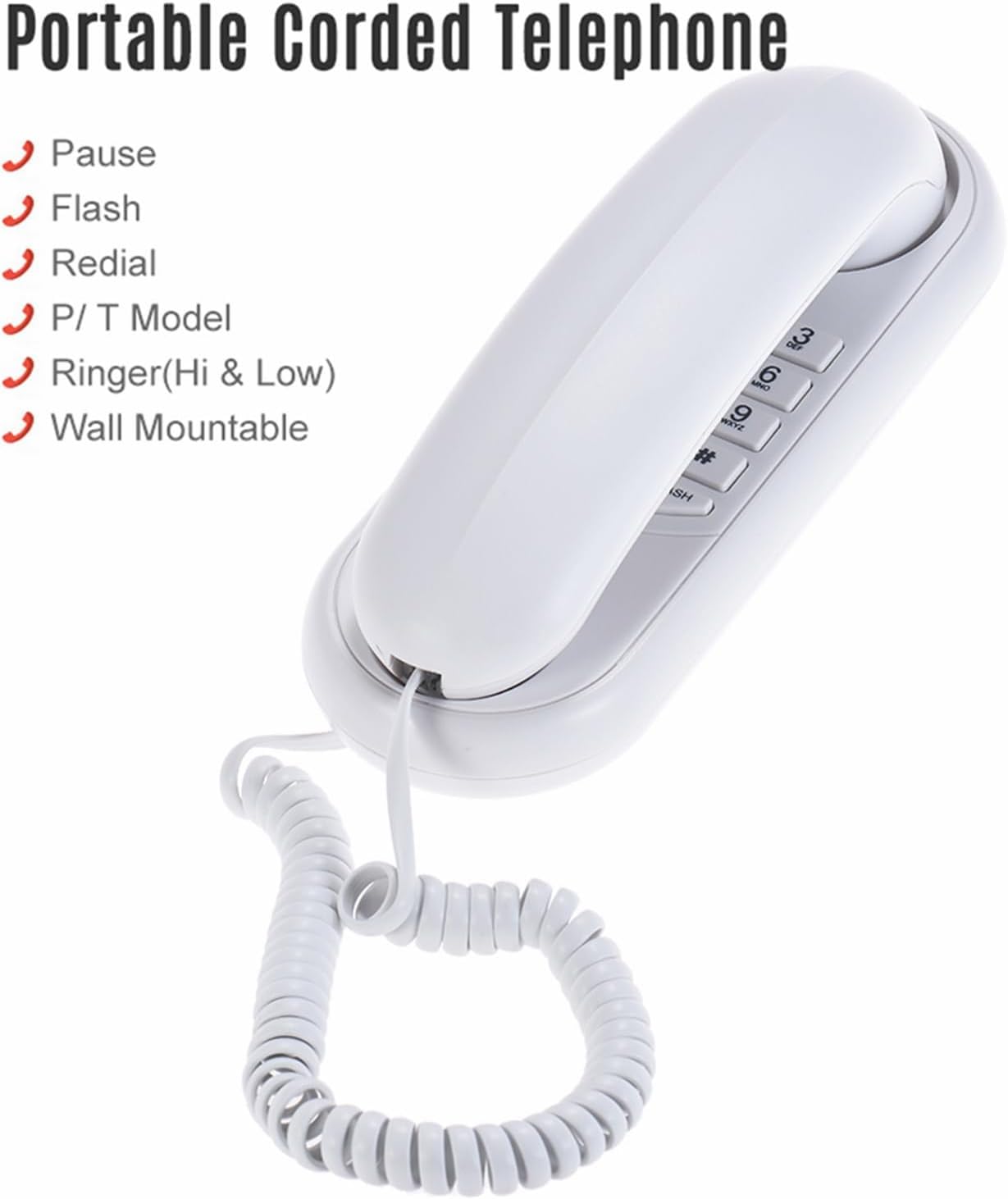 Domary Portable Corded Telephone Wall Mountable Pause Redial Flash Base NEW