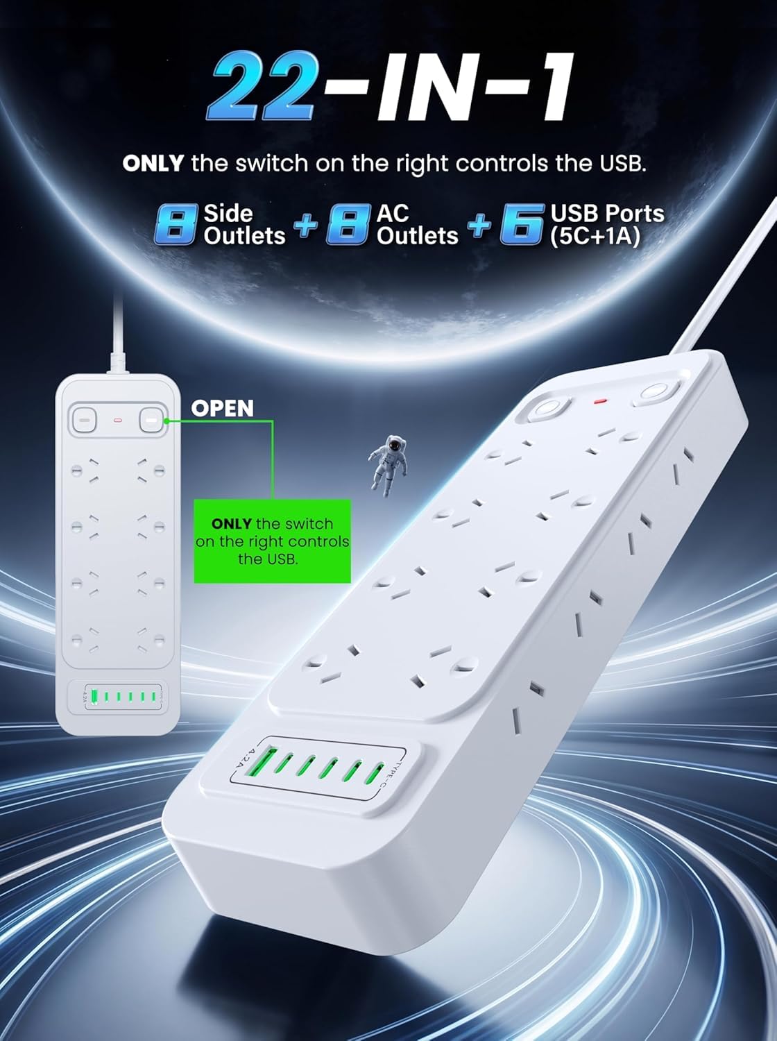 Nobel Marketing 22-in-1 Power Strip with 16 AC Outlets and 6 USB Ports DEMO