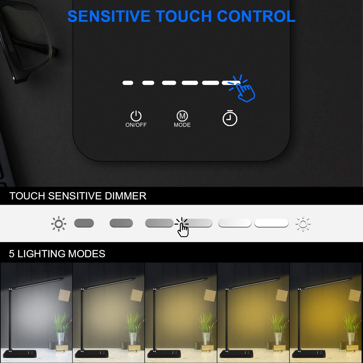 Electight LED Desk Lamp with Touch Control, 50 LEDs, 5 Lighting Modes, USB DEMO