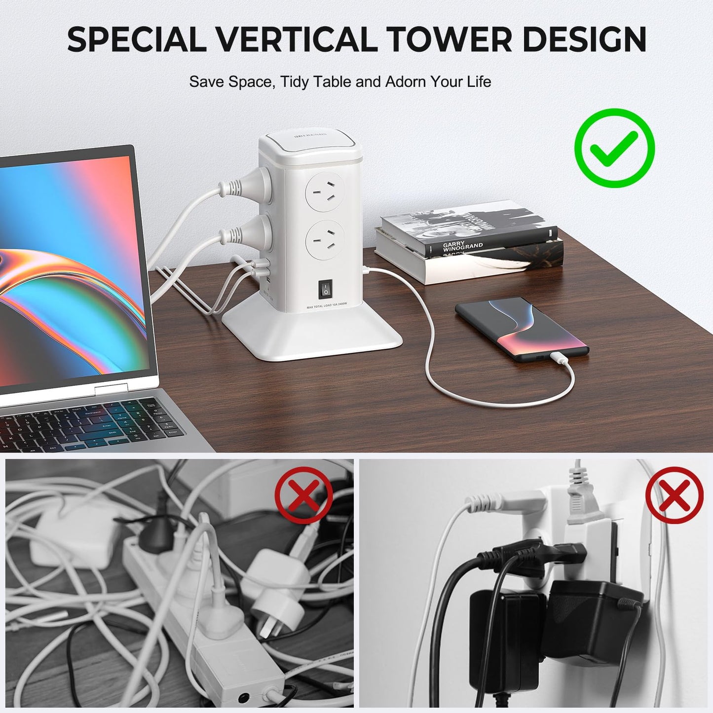 HITRENDS Power Strip with 8 AC Outlets and 6 USB Ports, Surge Protector DEMO