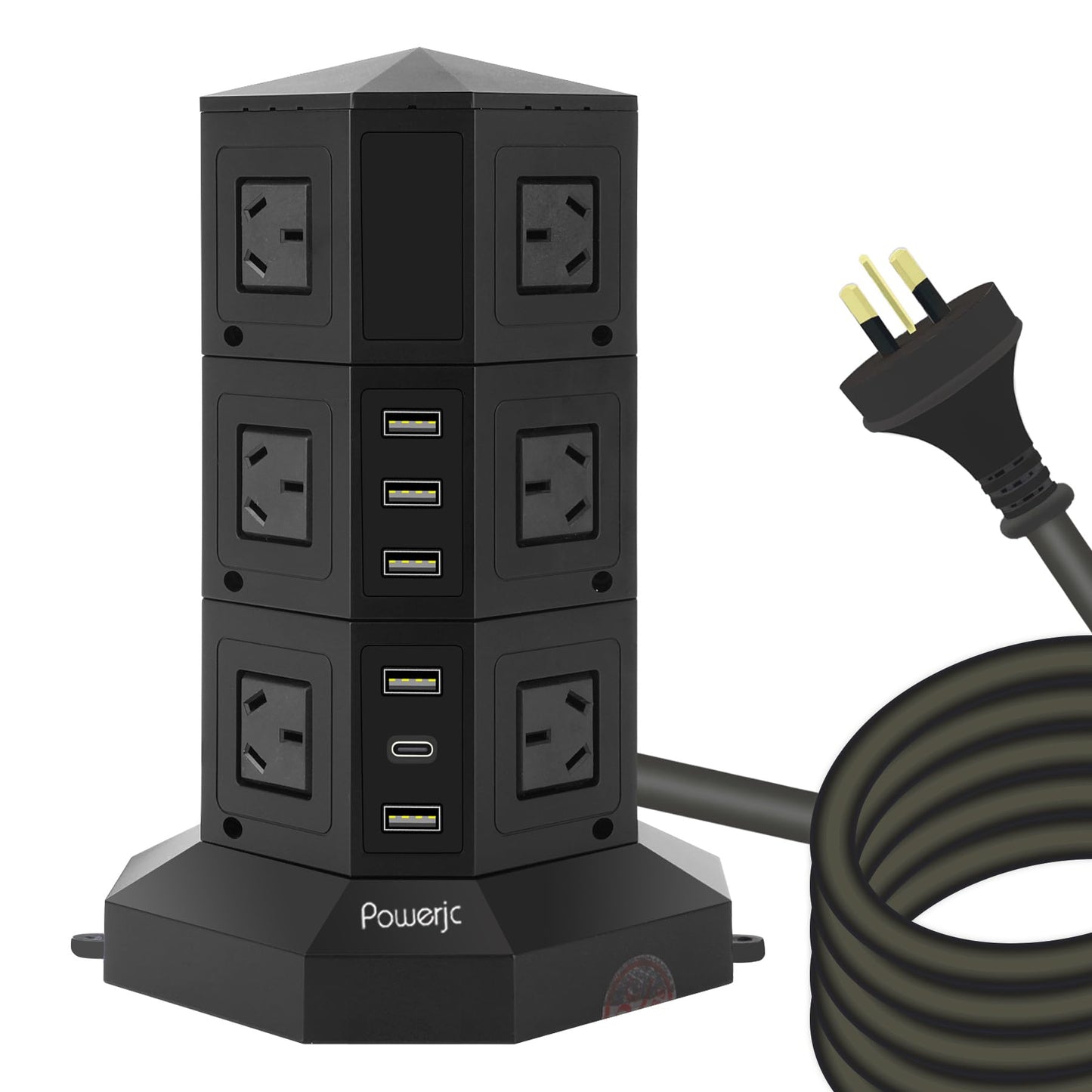Powerjc 12-Outlet Power Strip Surge Protector with USB-C PD Charging, Black DEMO
