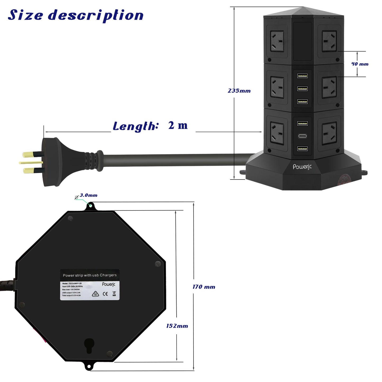 Powerjc 12-Outlet Power Strip Surge Protector with USB-C PD Charging, Black DEMO