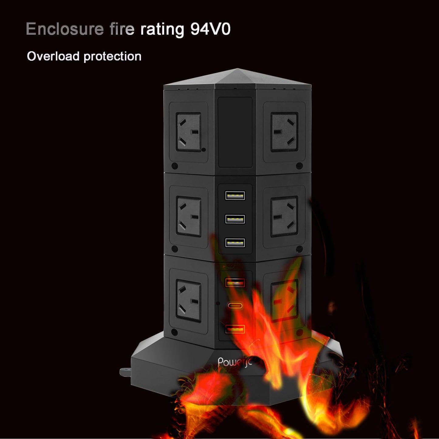Powerjc 12-Outlet Power Strip Surge Protector with USB-C PD Charging, Black DEMO