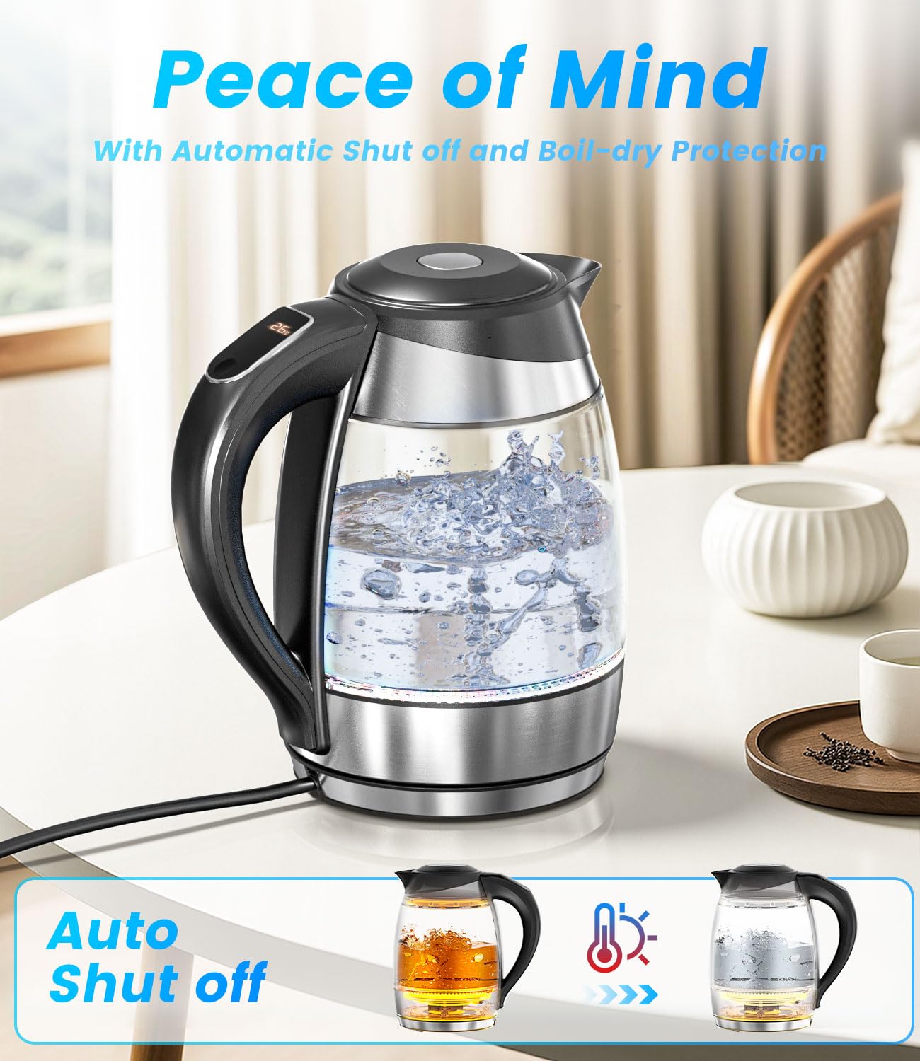 AUSELECT 1.8L Glass Electric Kettle with Temperature Control, 2200W, Black DEMO