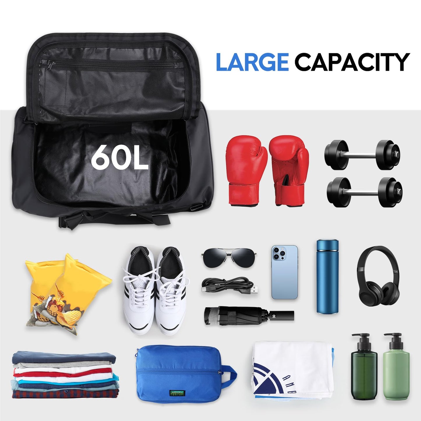 Haimont 60L Sports Duffel Backpack Bag Water Resistant Travel Duffle Black NEW