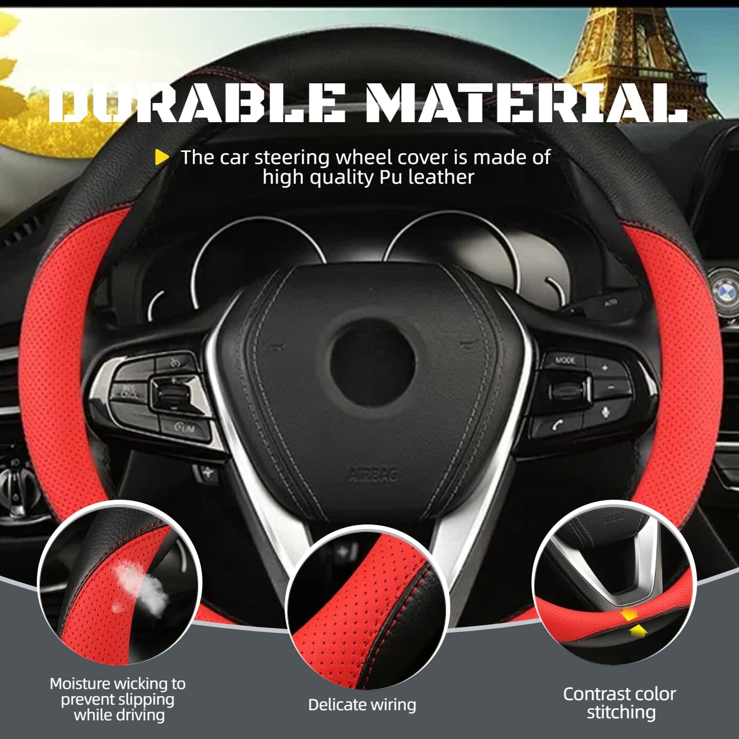 DURASIKO Microfiber Steering Wheel Cover Breathable Black & Red-Type O NEW