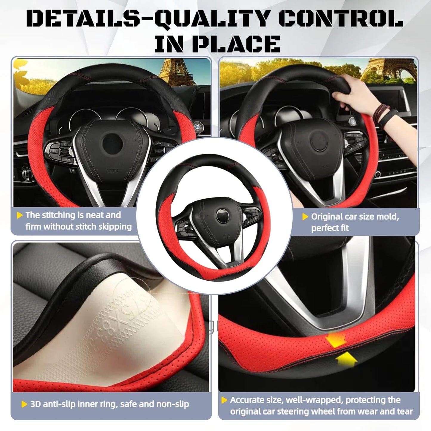 DURASIKO Microfiber Steering Wheel Cover Breathable Black & Red-Type O NEW
