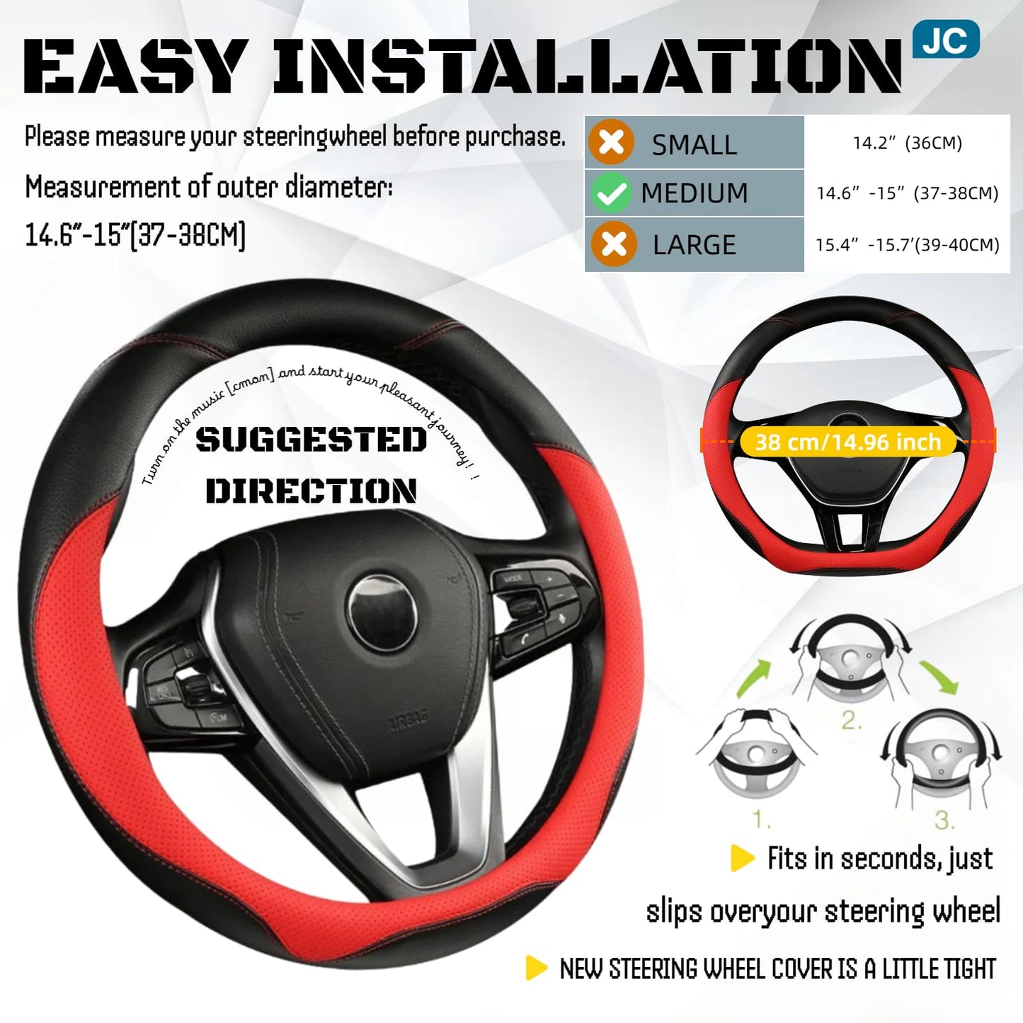 DURASIKO Microfiber Steering Wheel Cover Breathable Black & Red-Type O NEW