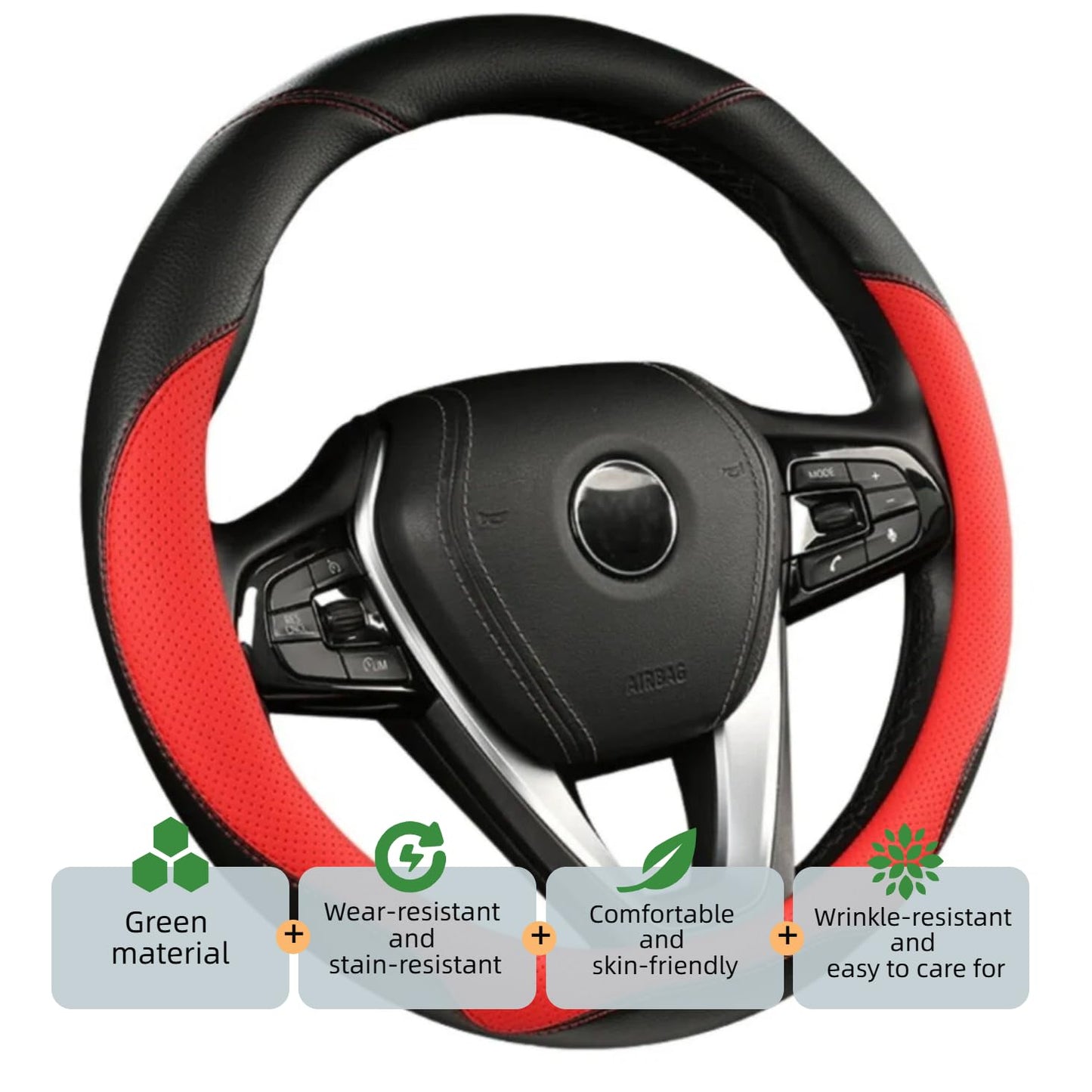 DURASIKO Microfiber Steering Wheel Cover Breathable Black & Red-Type O NEW