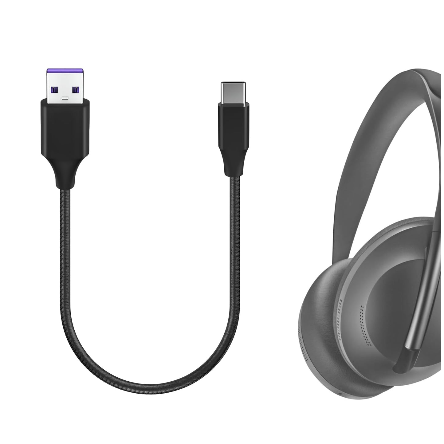 Geekria Type-C Headphone Charging Cable Short Black Extension Cord for NEW