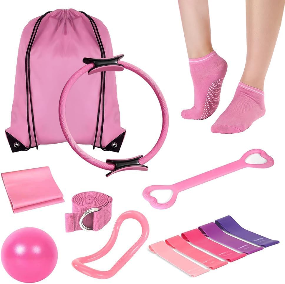 Tenshioy Pilates Sets Ring and Ball Set 13 Pcs Home Kit 13" Yoga Circle Pink NEW