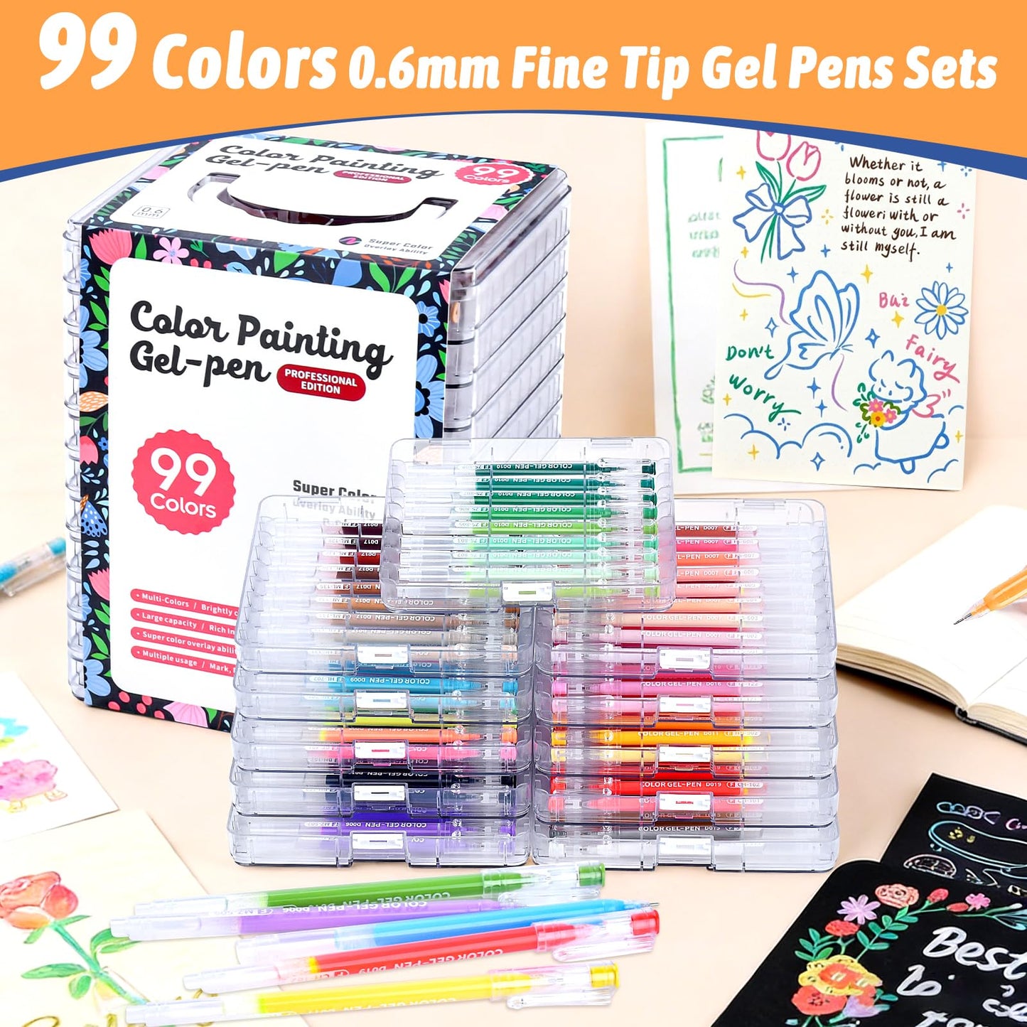 MIN CI Pack Of 99 Assorted Colour Gel Pens Set Coloring Markers NEW